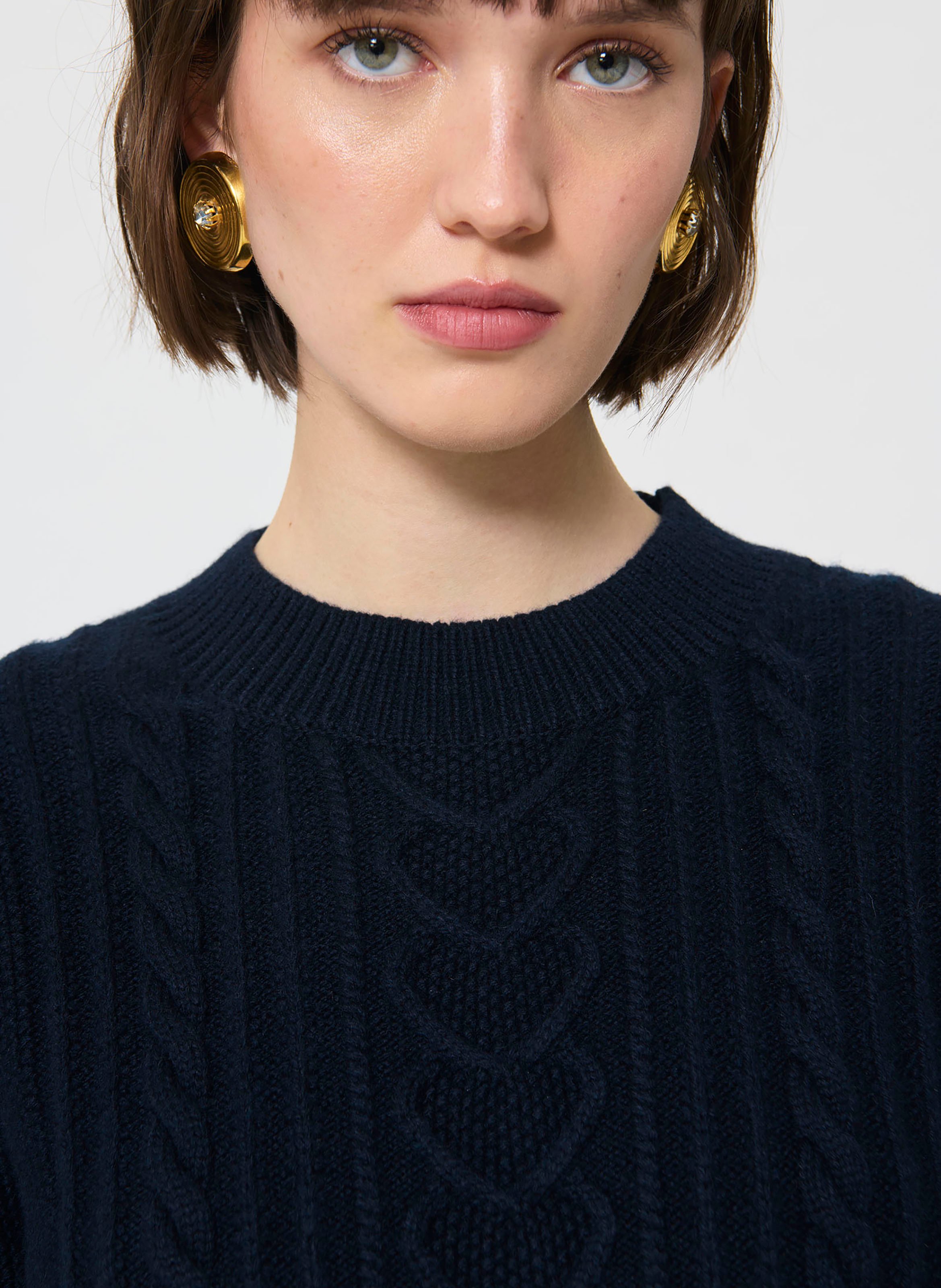 Pull uni tressé en laine mélangée TARA JARMON Bleu