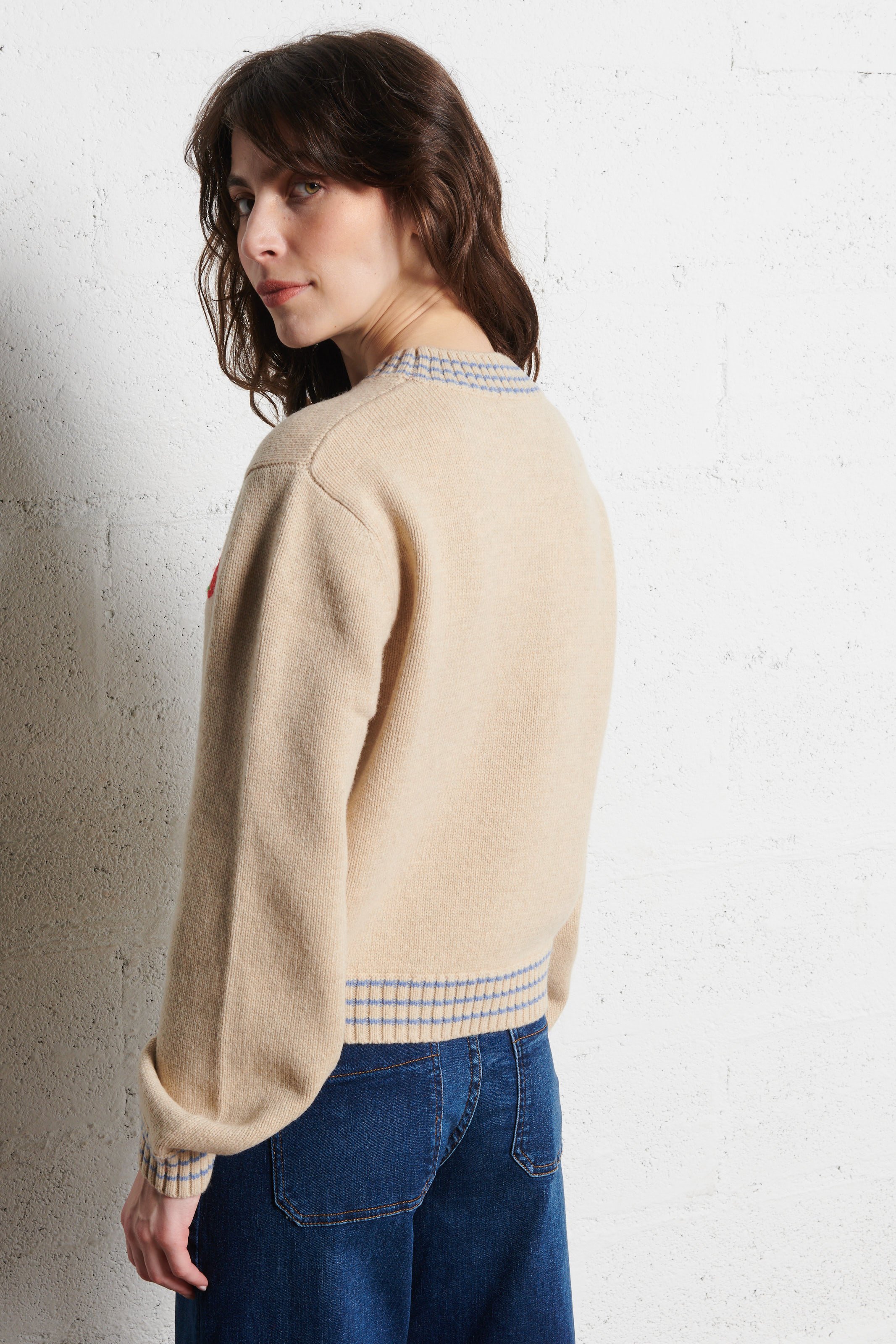 Effen trui van wolmix met lange mouwen en kant STELLA NOVA Beige