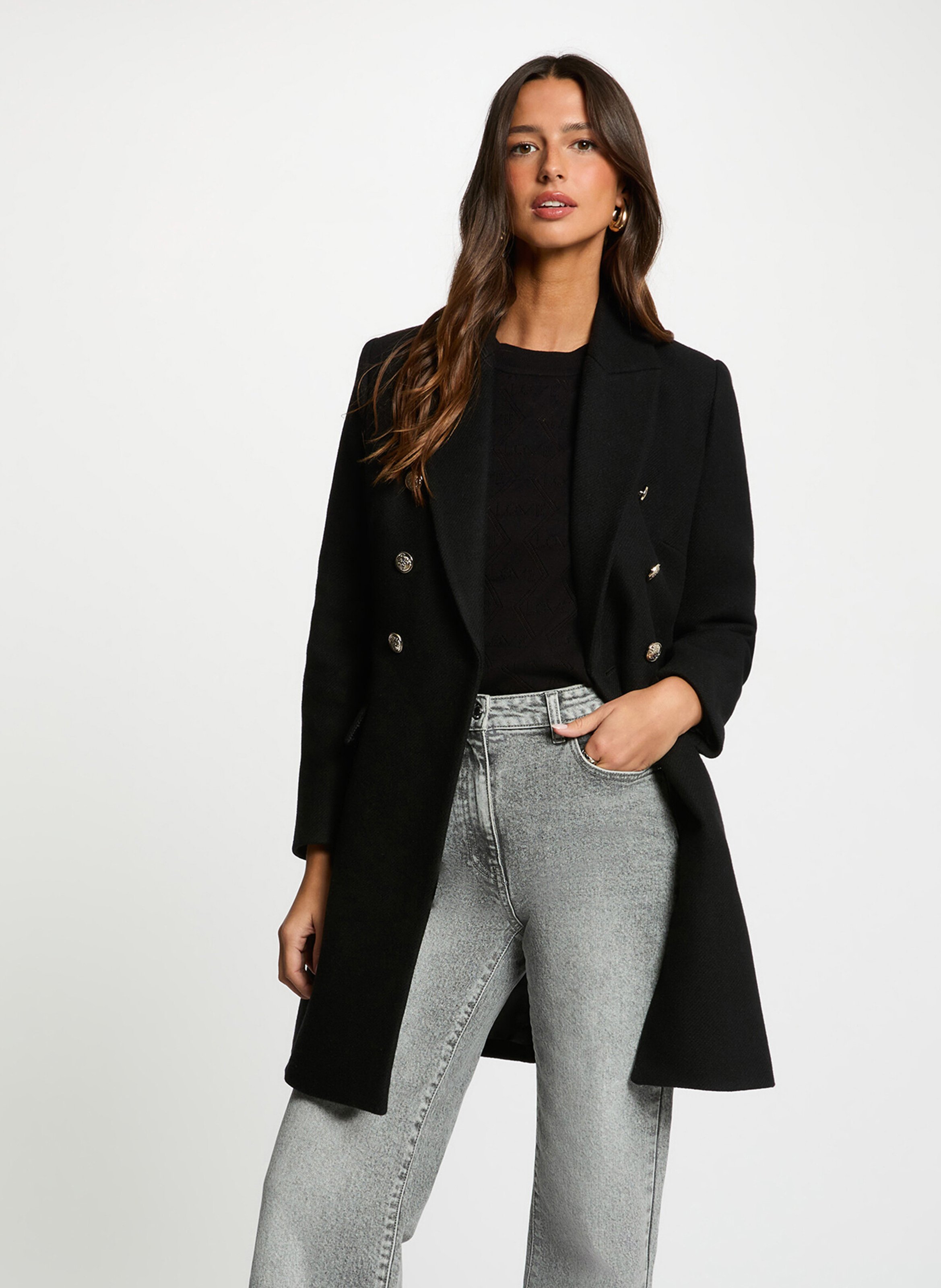 Fitted coat with shawl collar in blended recycled wool. MORGAN Black