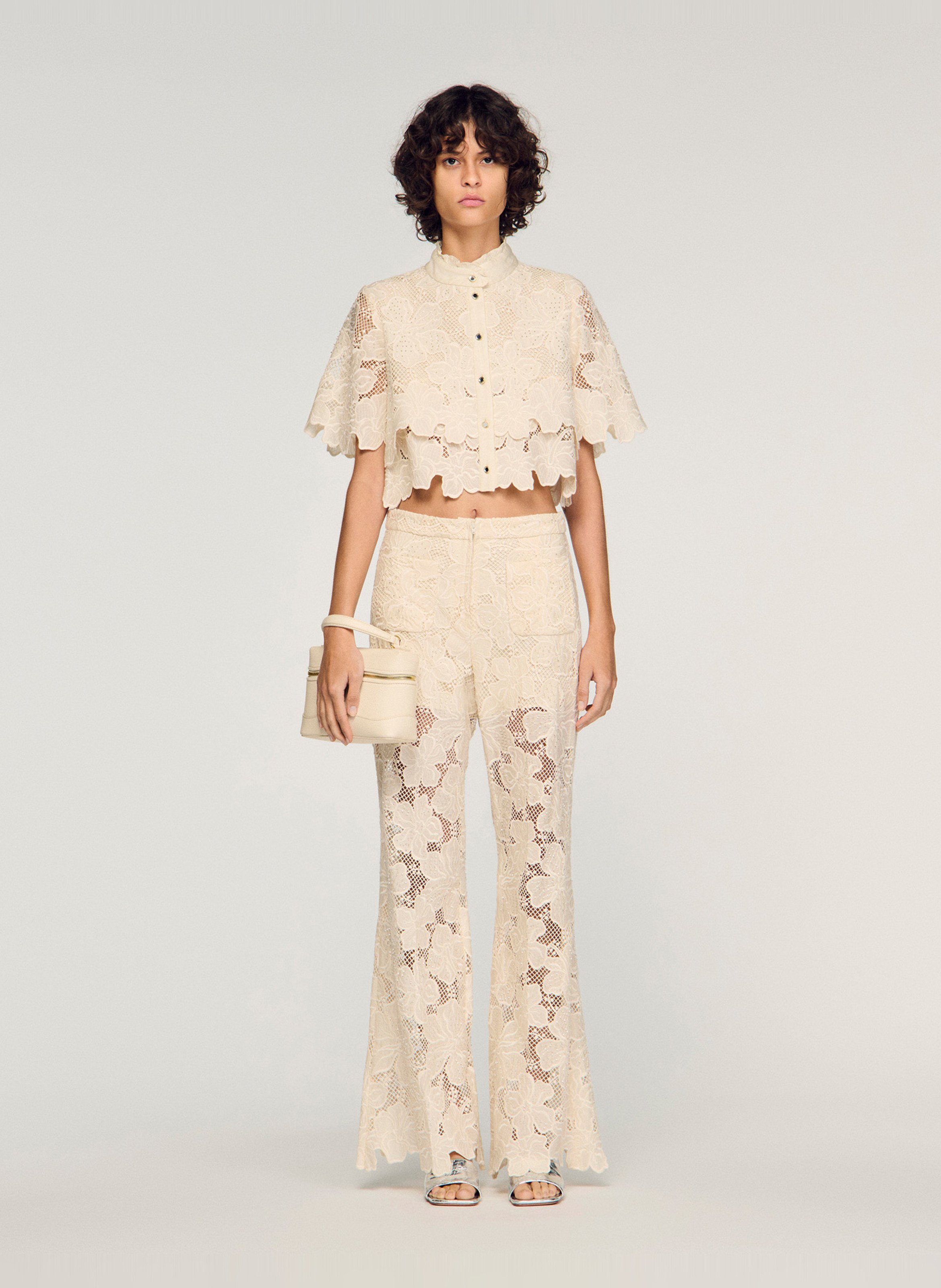 Chemise droite col classique en dentelle SANDRO Beige