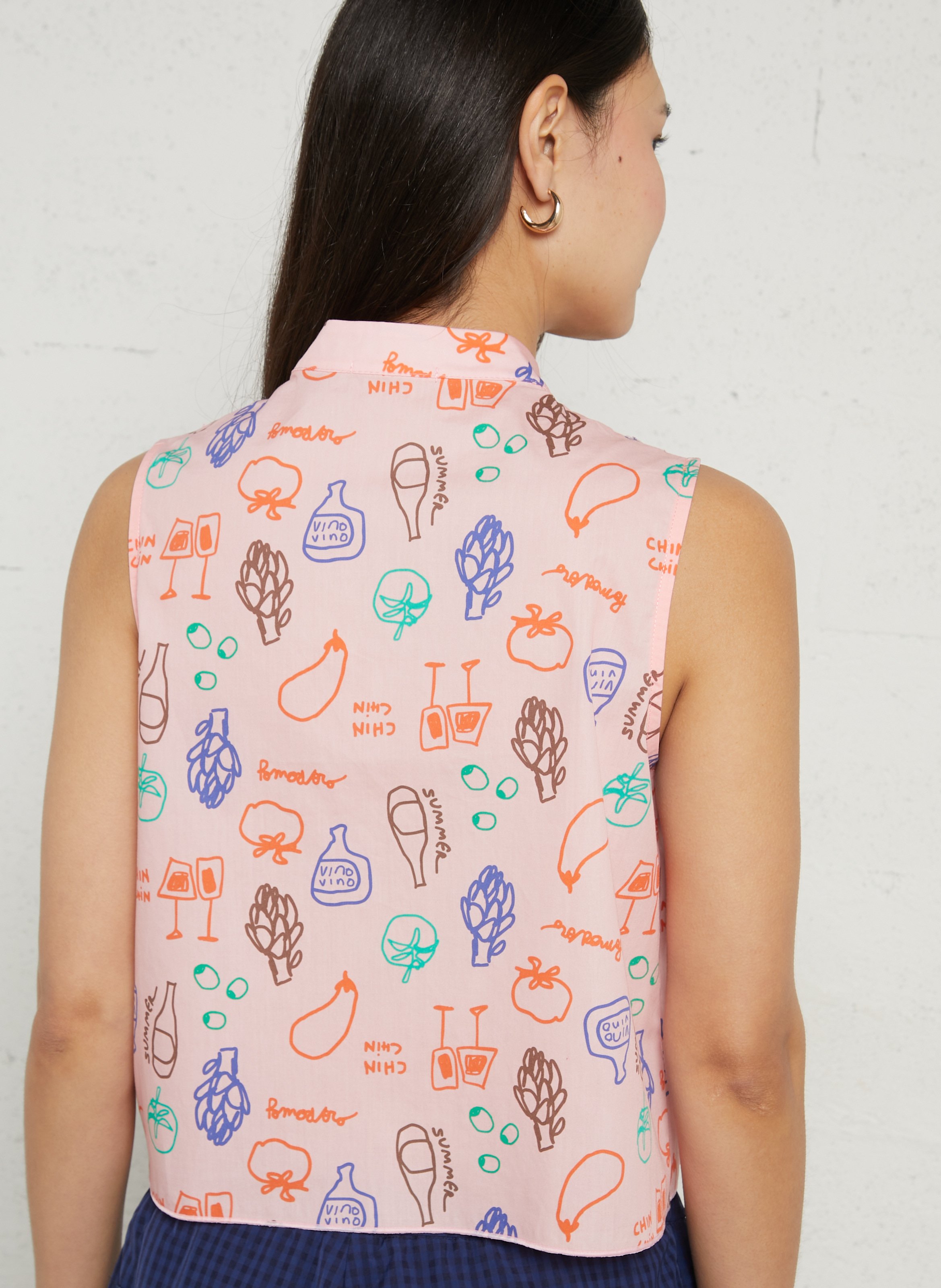 Straight-cut printed cotton shirt with round neck DR BLOOM Pink