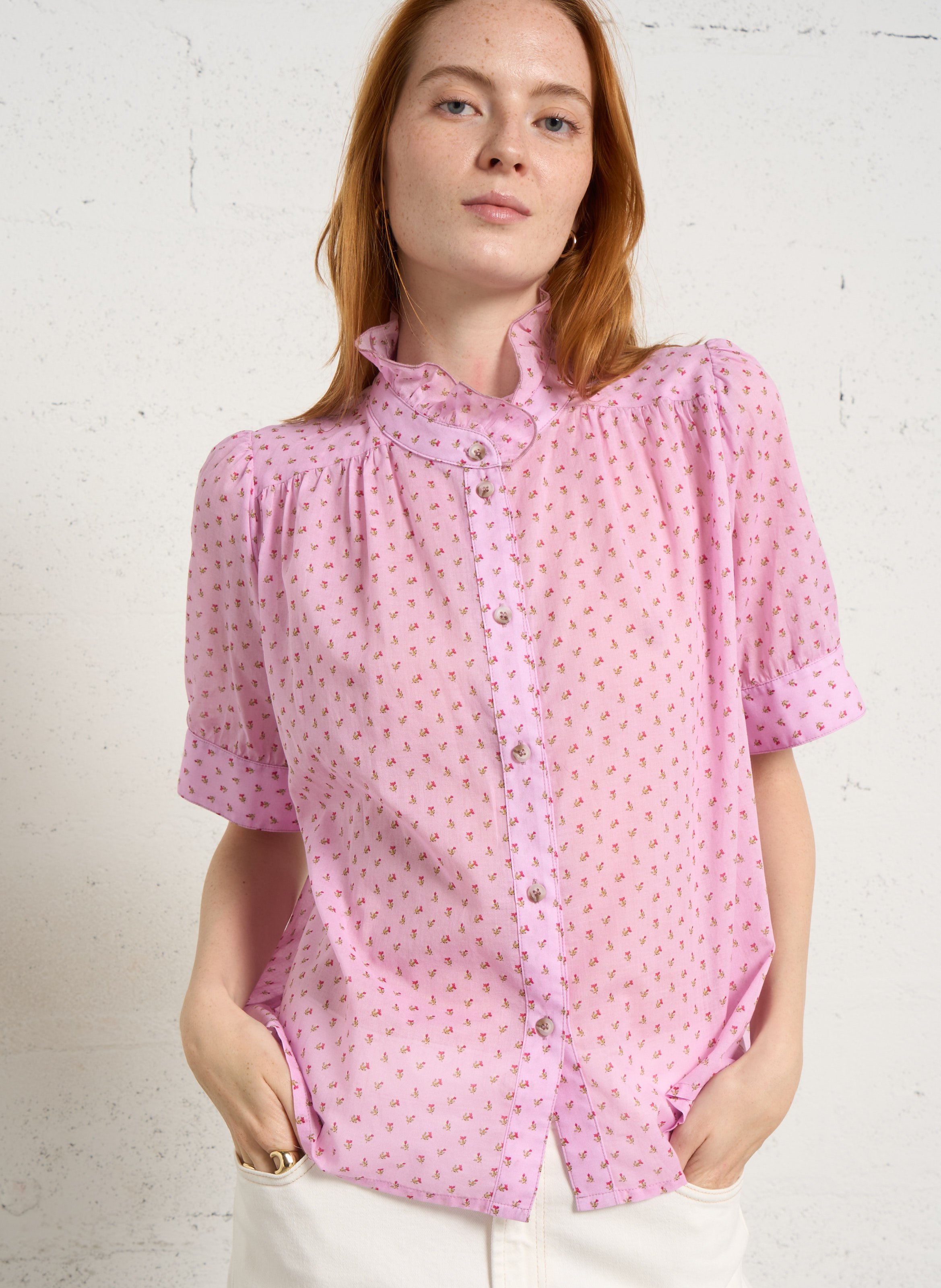Chemise ample col volanté en coton SUZIE WINKLE Rose