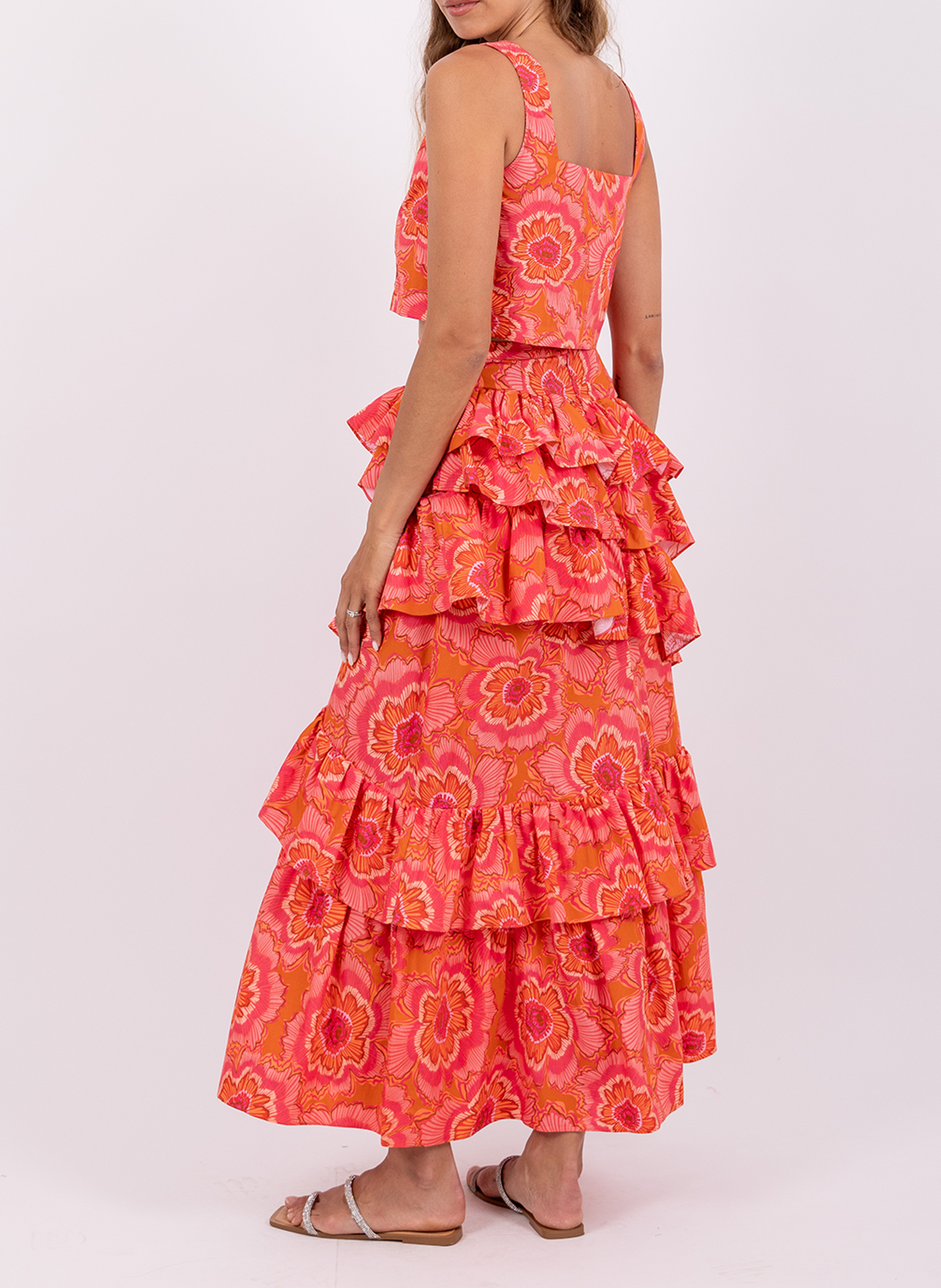 Long printed skirt with asymmetrical ruffles SUNDRESS Pink