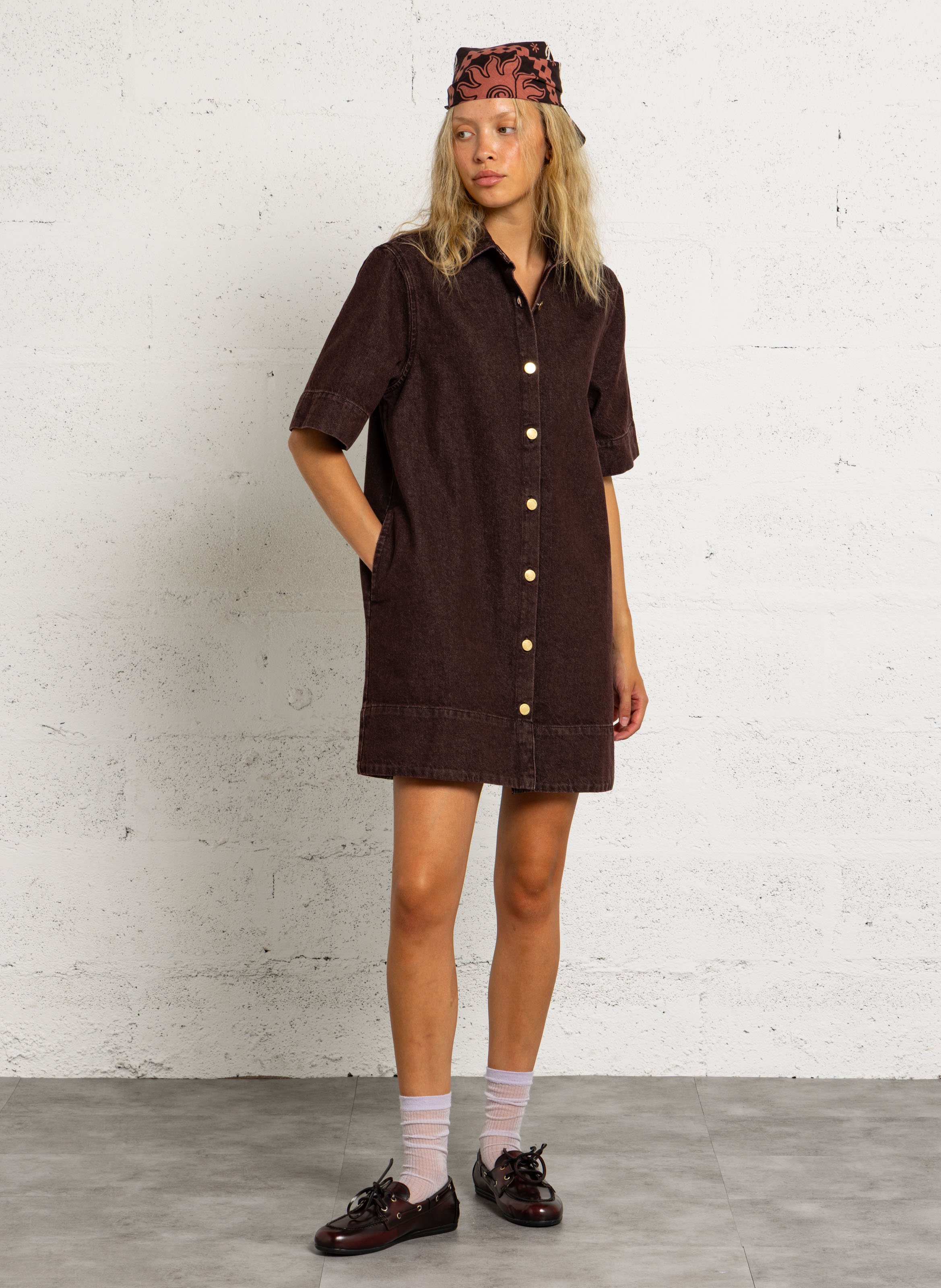 Flared short denim dress DES PETITS HAUTS Brown