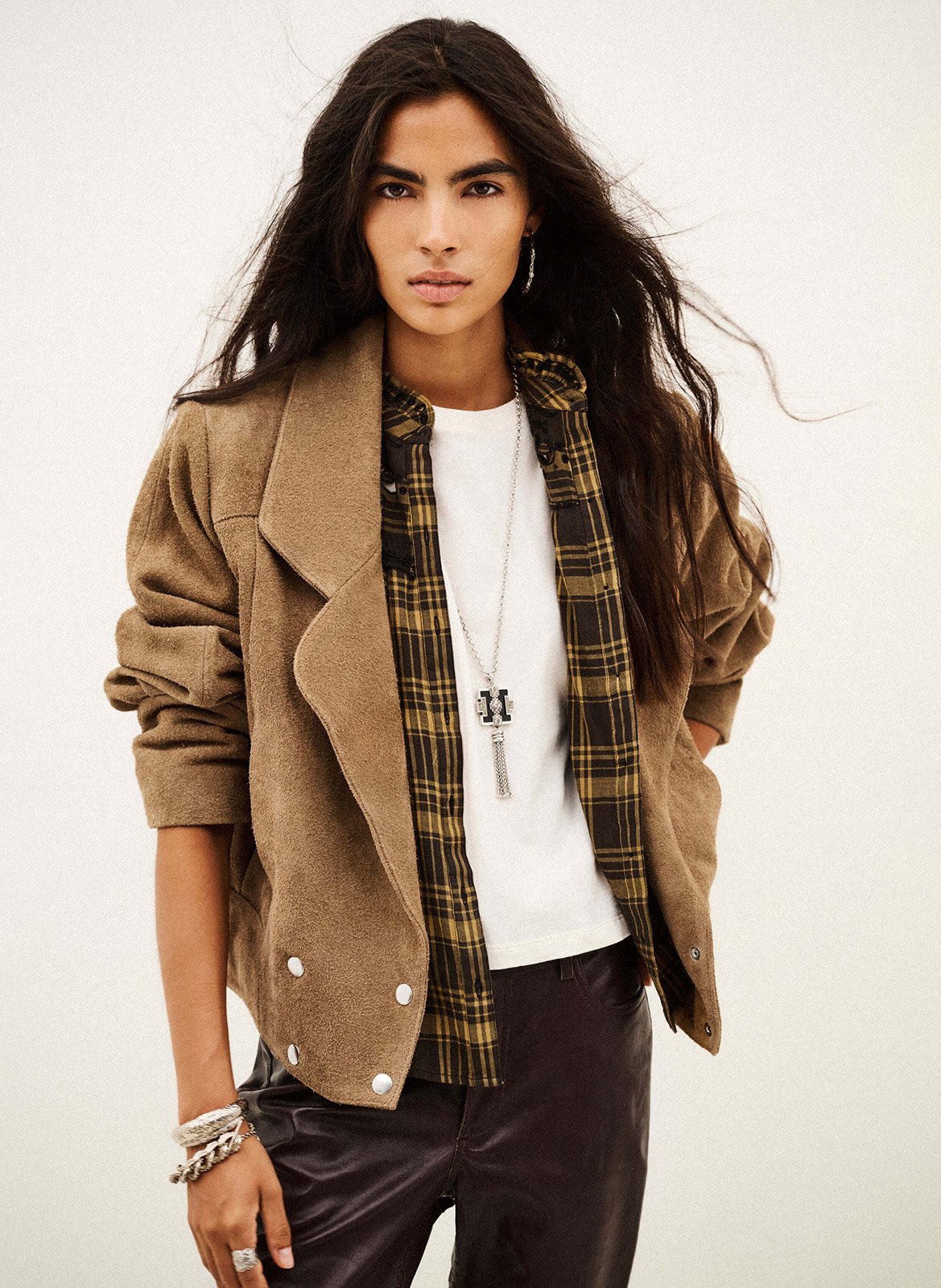 Veste droite col tailleur uni en cuir BA&SH Beige