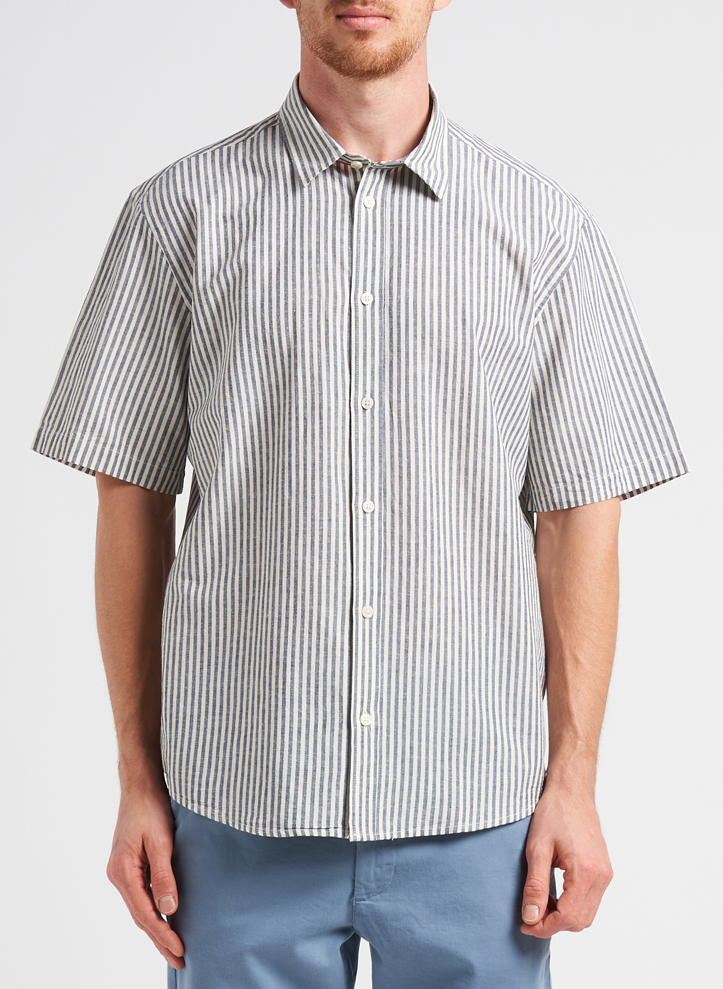 Regular-fit striped organic cotton and linen shirt with classic collar MINIMUM Blue