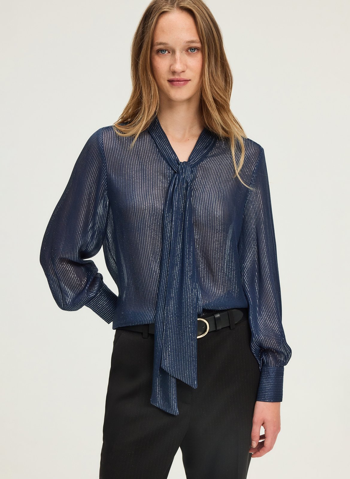 Metallic striped pussy-bow blouse PABLO Blue