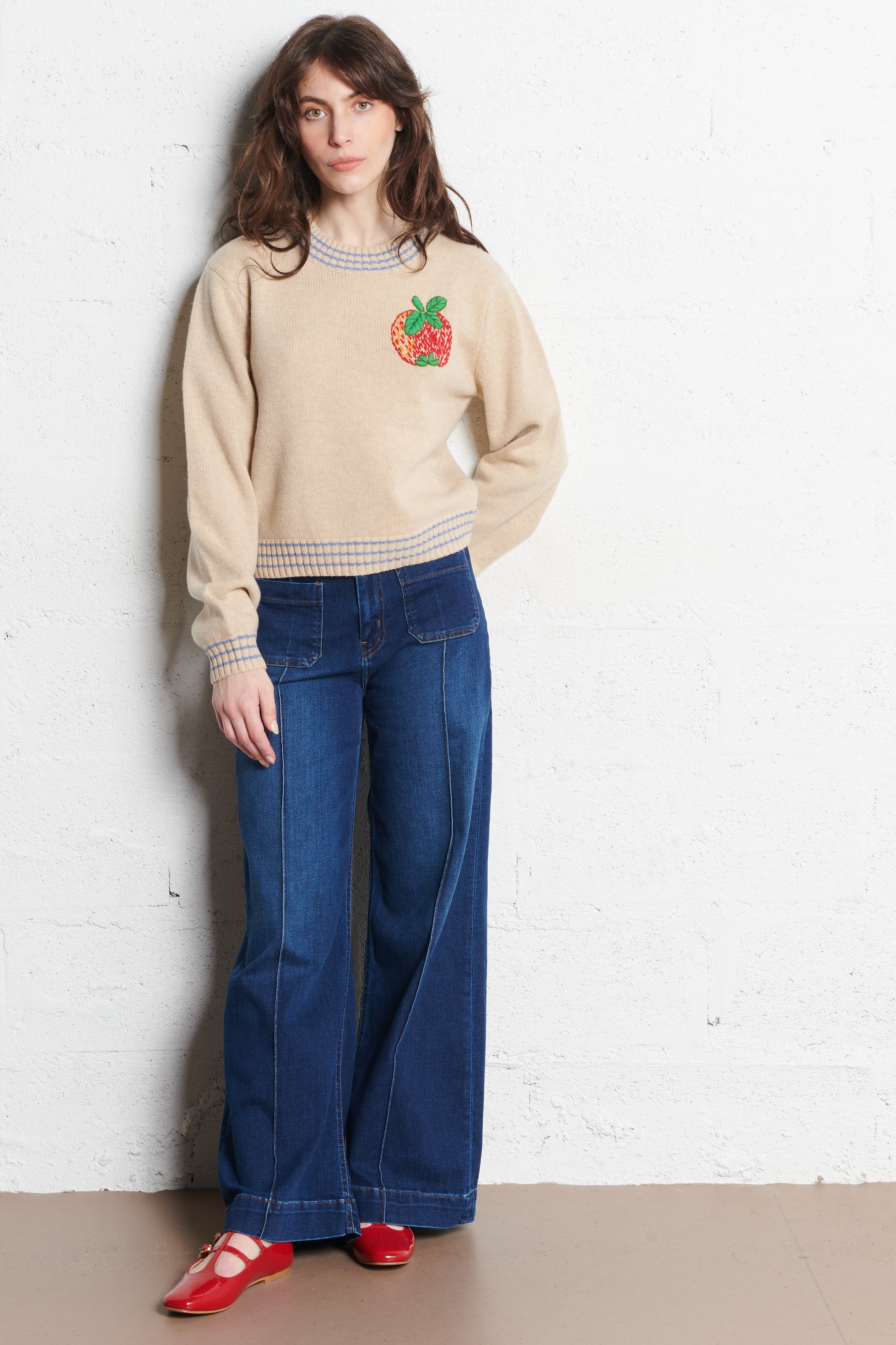 Effen trui van wolmix met lange mouwen en kant STELLA NOVA Beige