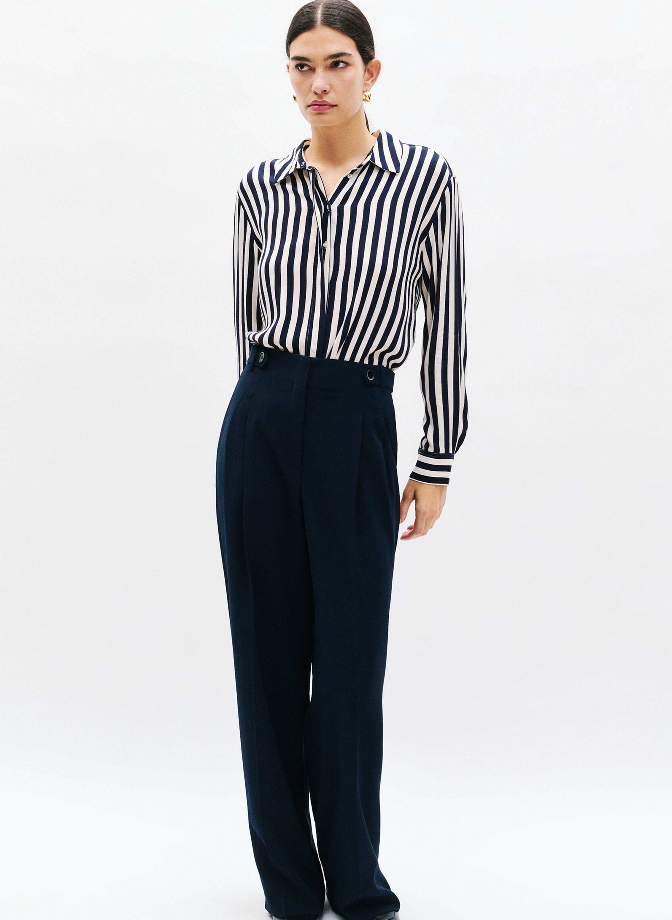 Wide-leg front-pleated pants with high elasticated waistband CAROLL Blue