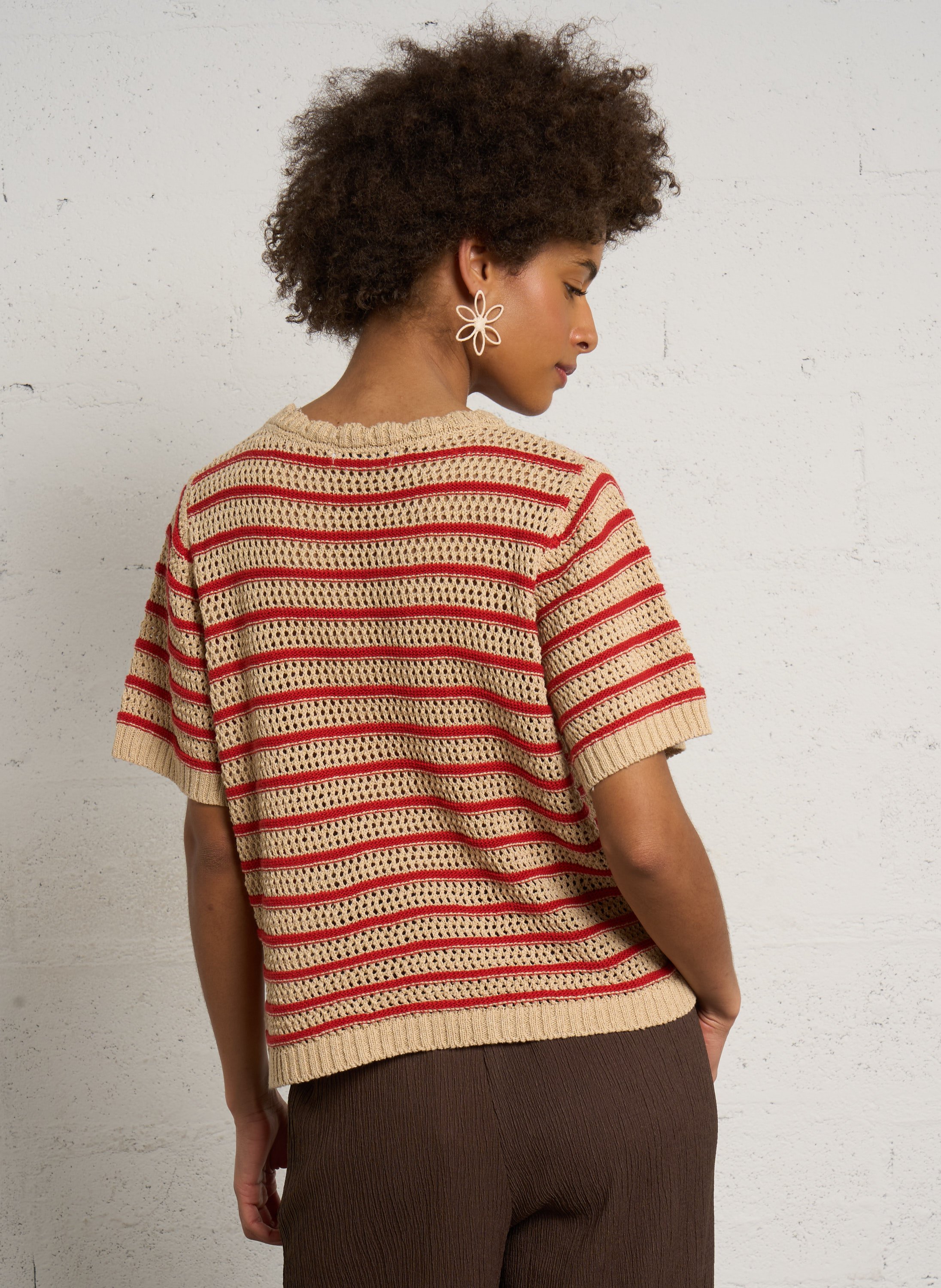 Kurzarm-Pullover mit gestreiftem Strick PLEASE Beige