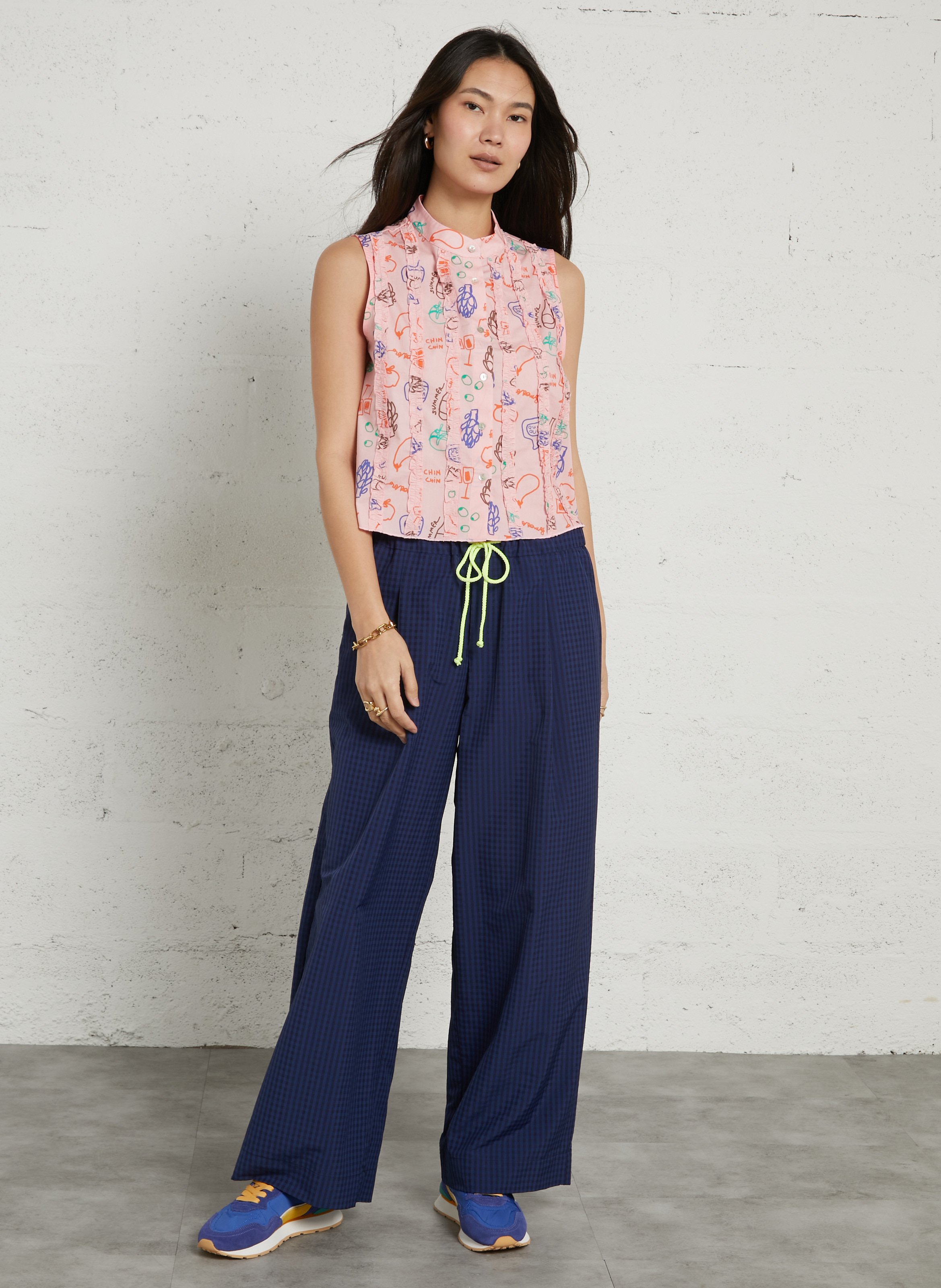 Straight-cut printed cotton shirt with round neck DR BLOOM Pink