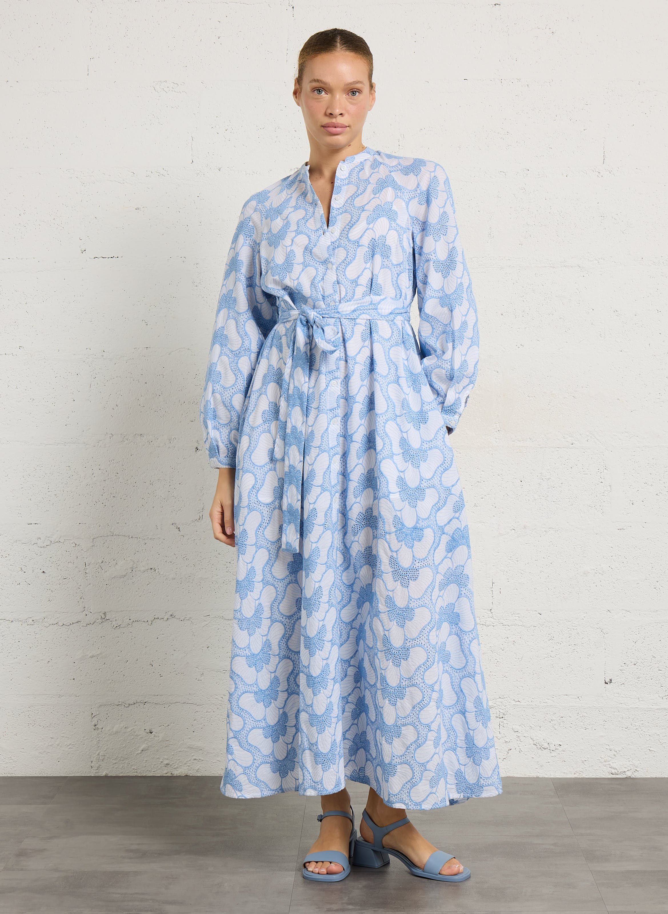 Long cotton dress with round neck SUNDRESS Blue