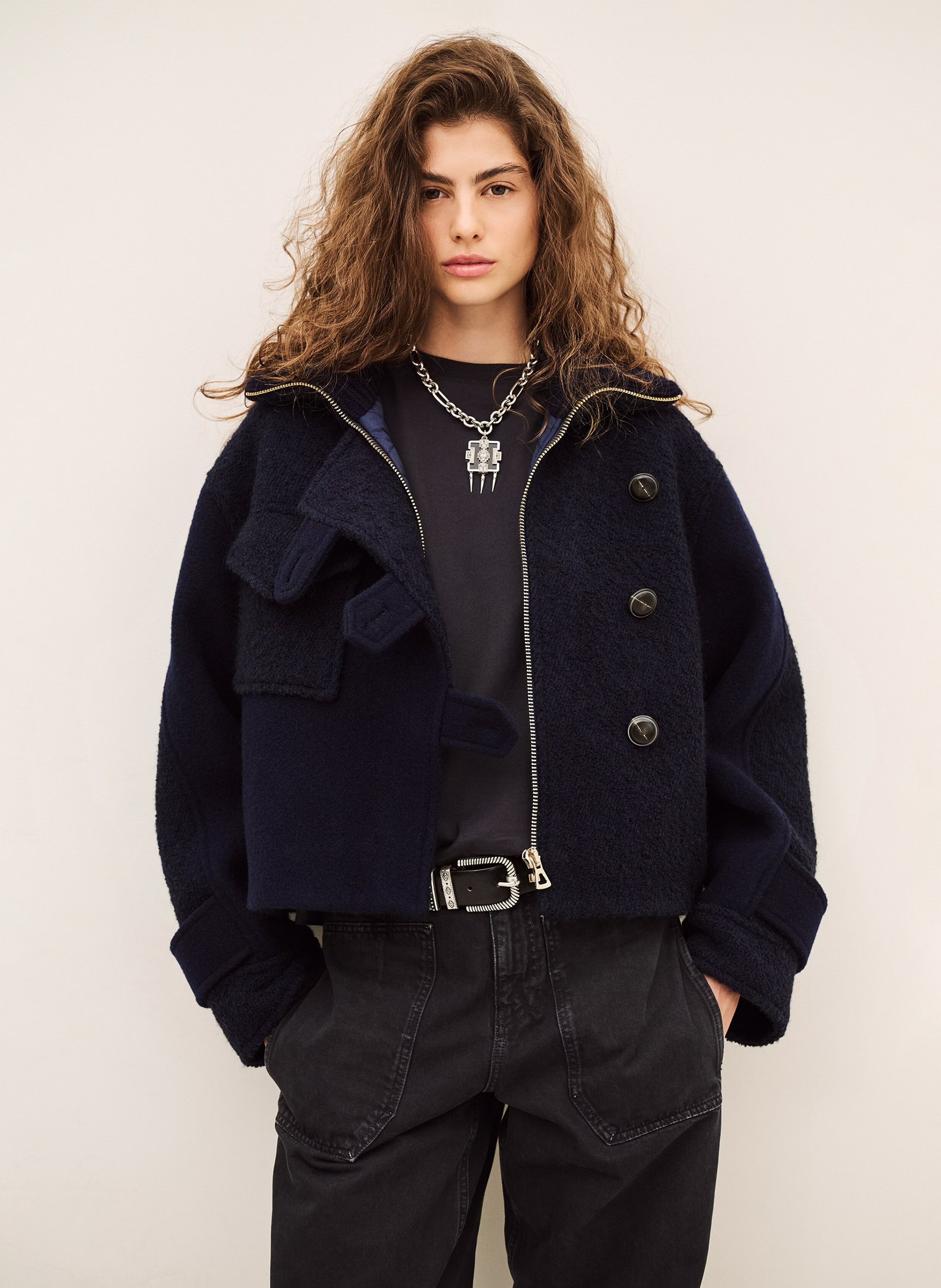 Manteau droit col montant zippé BA&SH Bleu