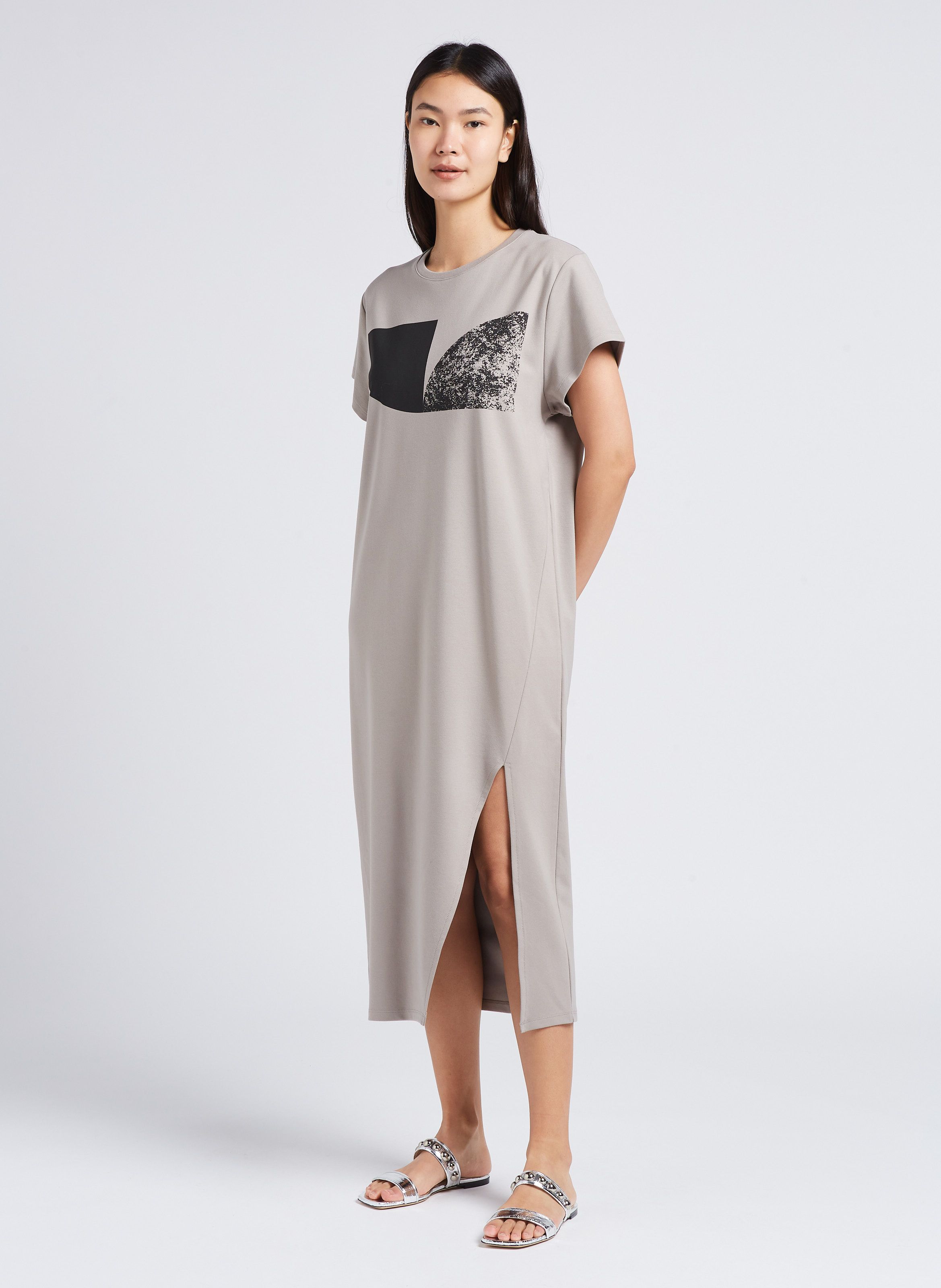 Robe longue droite col rond en coton m lang Gris