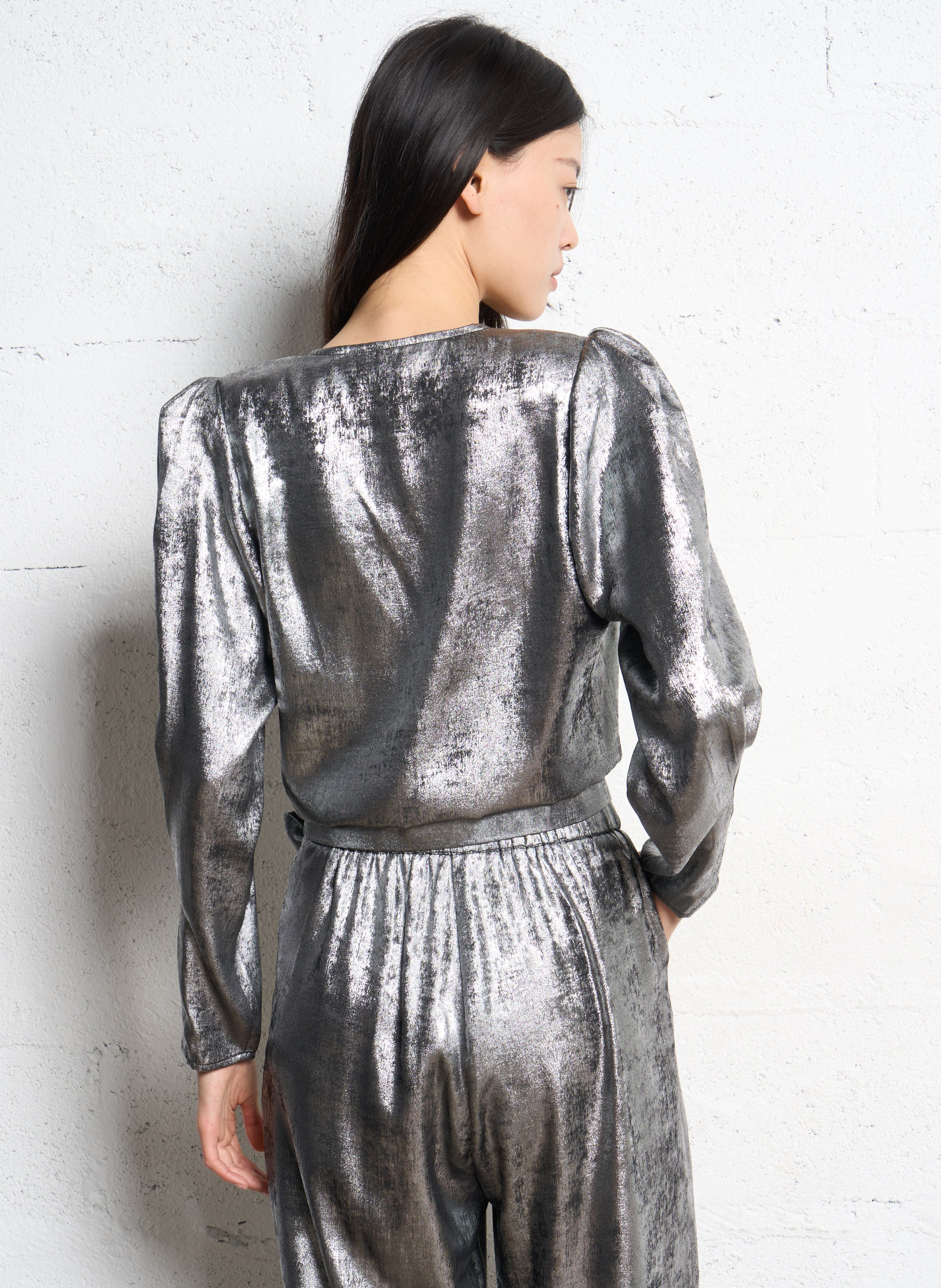 Blouse cache-cœur métallisée SUNCOO Argent