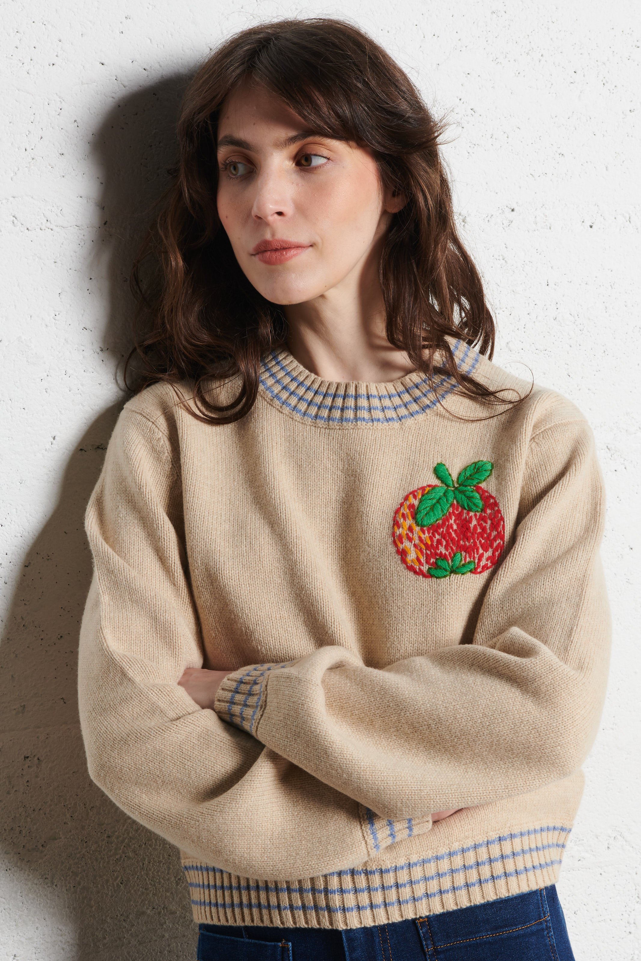 Effen trui van wolmix met lange mouwen en kant STELLA NOVA Beige