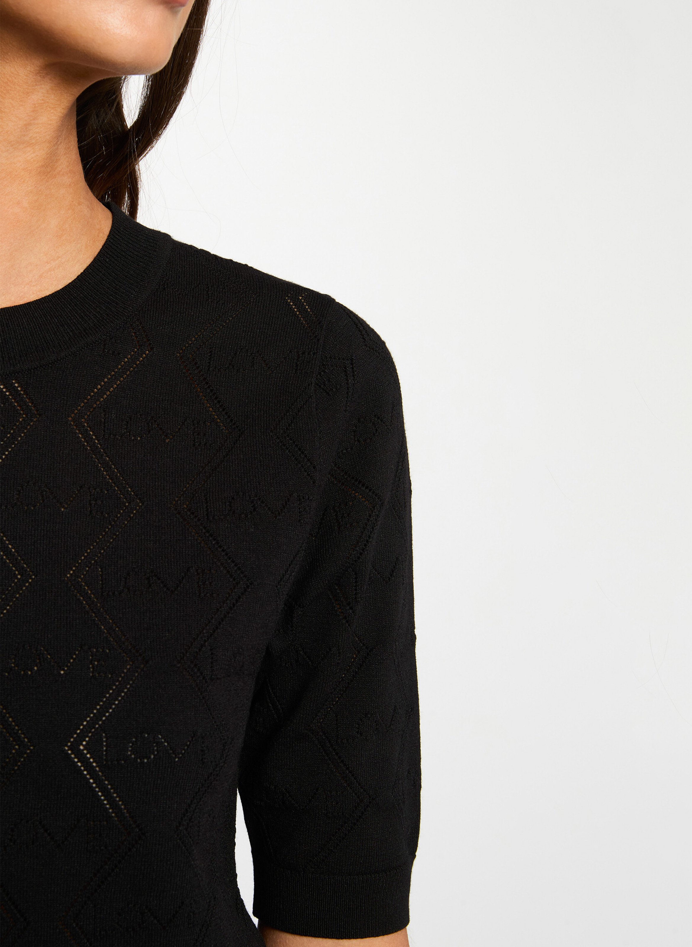 Pull droit col rond à détails ajourés Noir