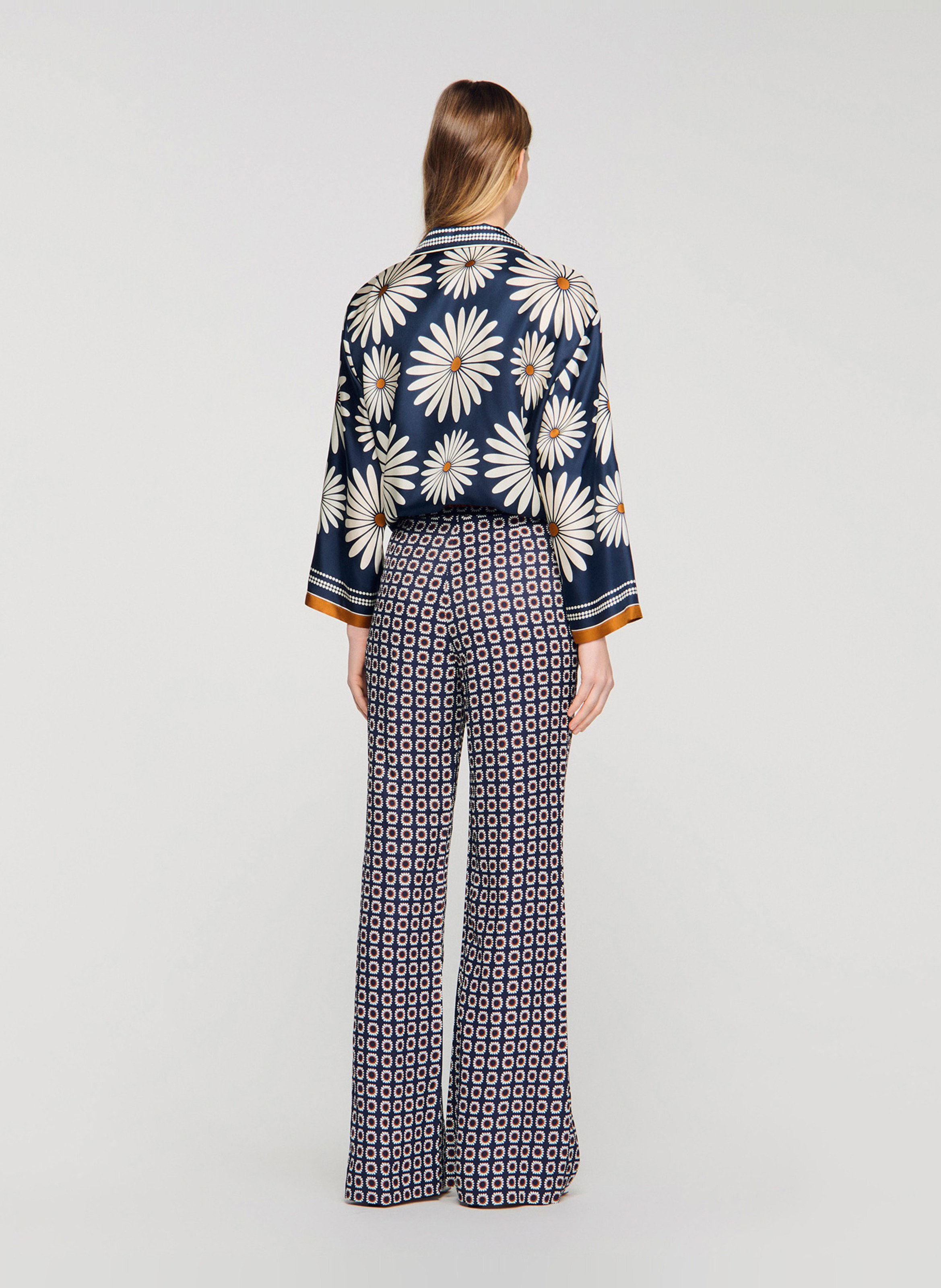 Oversized silk shirt with tailored collar in printed silk SANDRO Blue