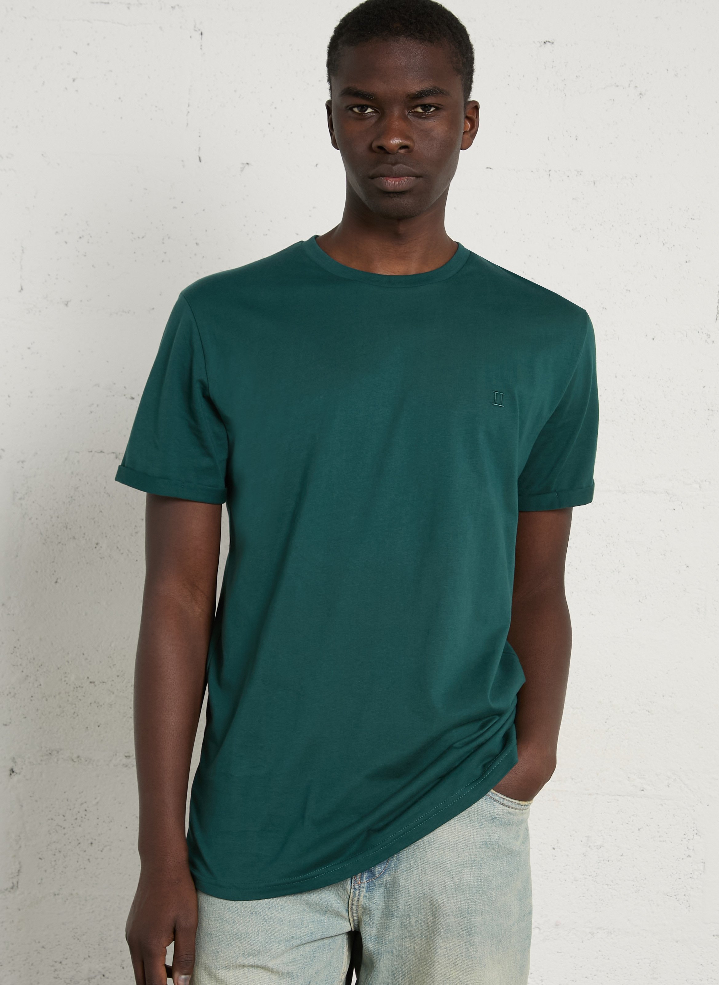 Straight round neck embroidered organic cotton t-shirt LES DEUX Green