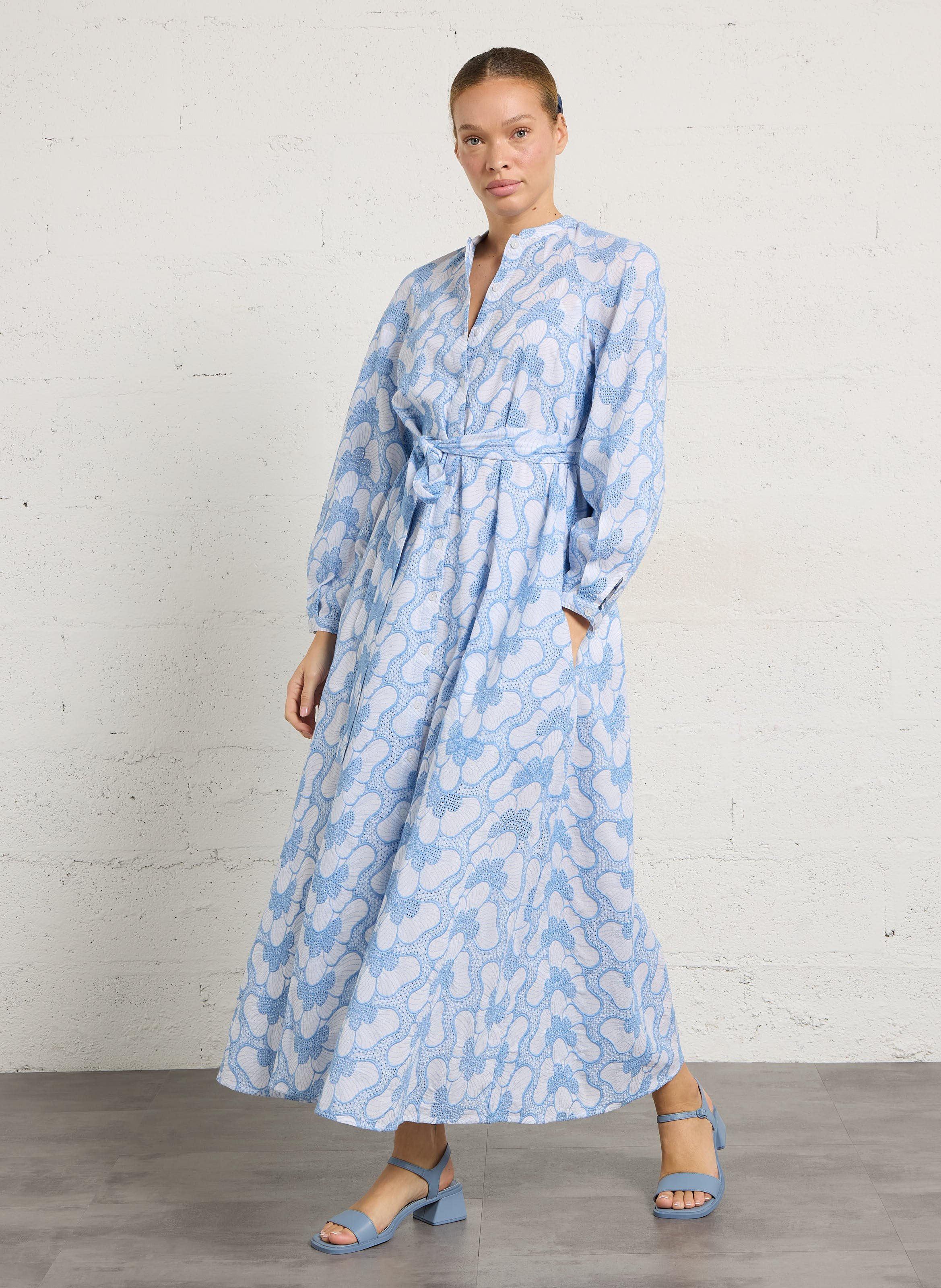 Long cotton dress with round neck SUNDRESS Blue