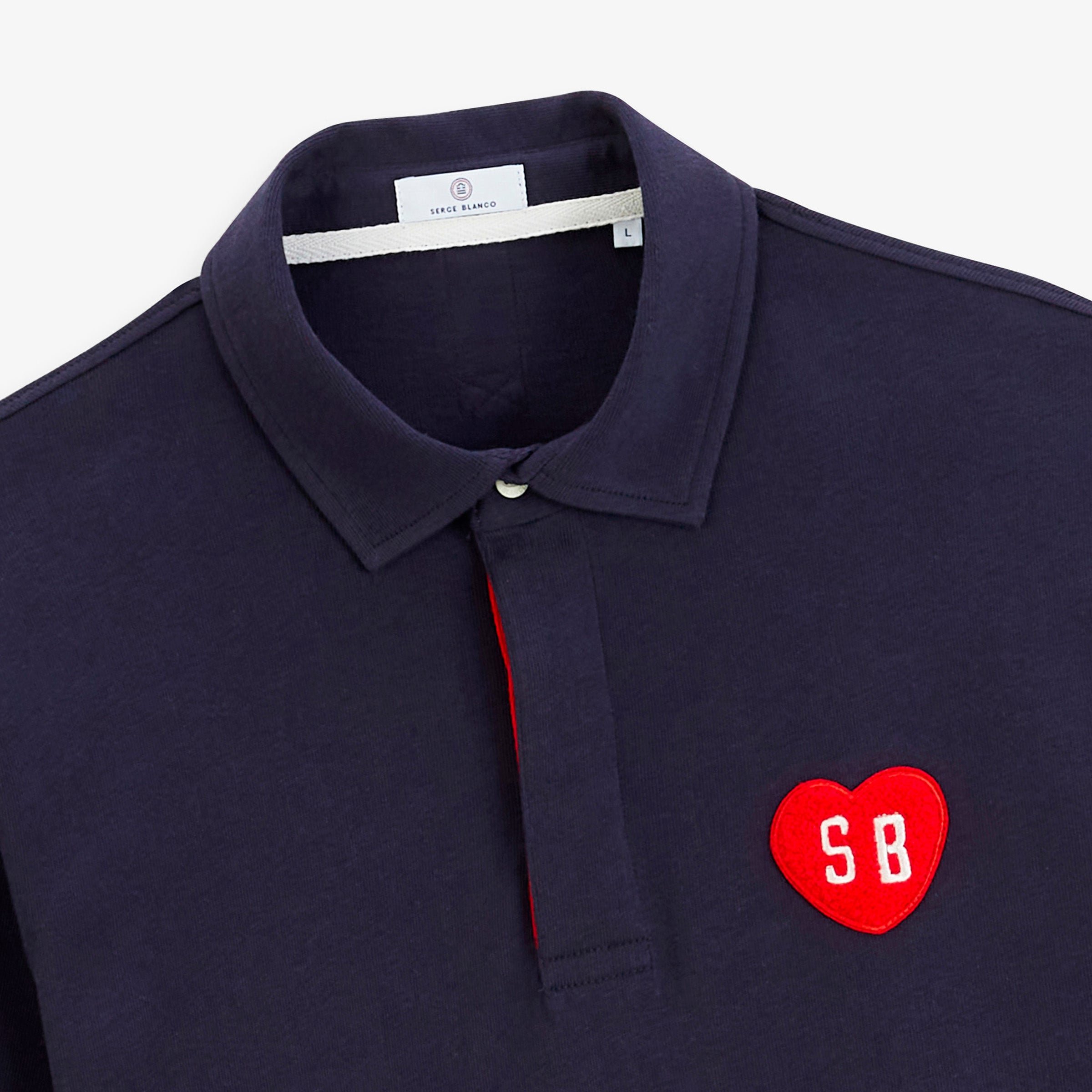 Long-sleeved rugby polo with heart badge in navy looped fabric SERGE BLANCO Blue