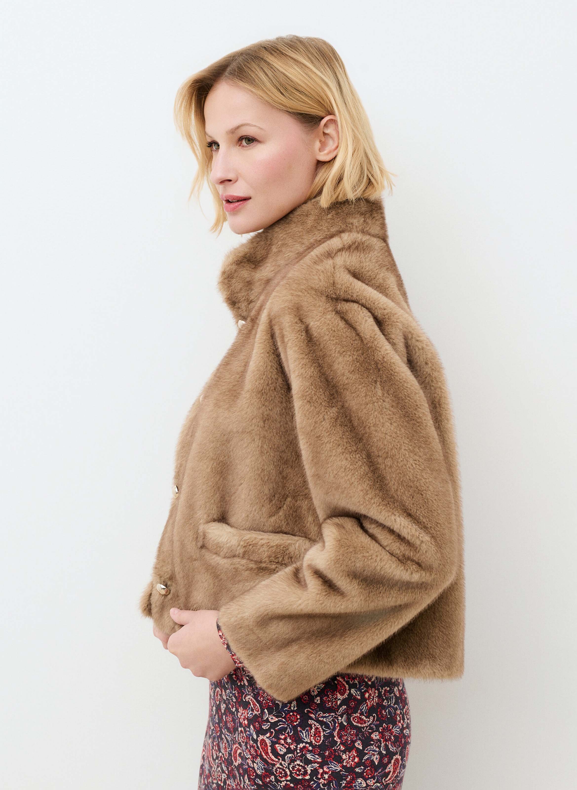 Manteau col montant en fourrure CAROLL Marron