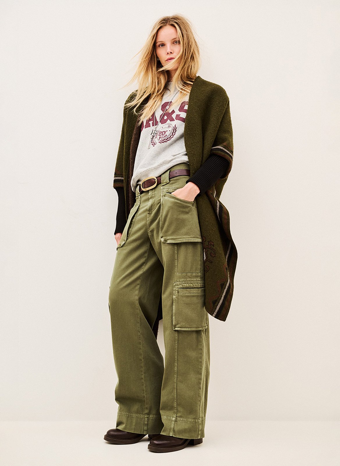 Pantalon cargo large en coton mélangé BA&SH Kaki