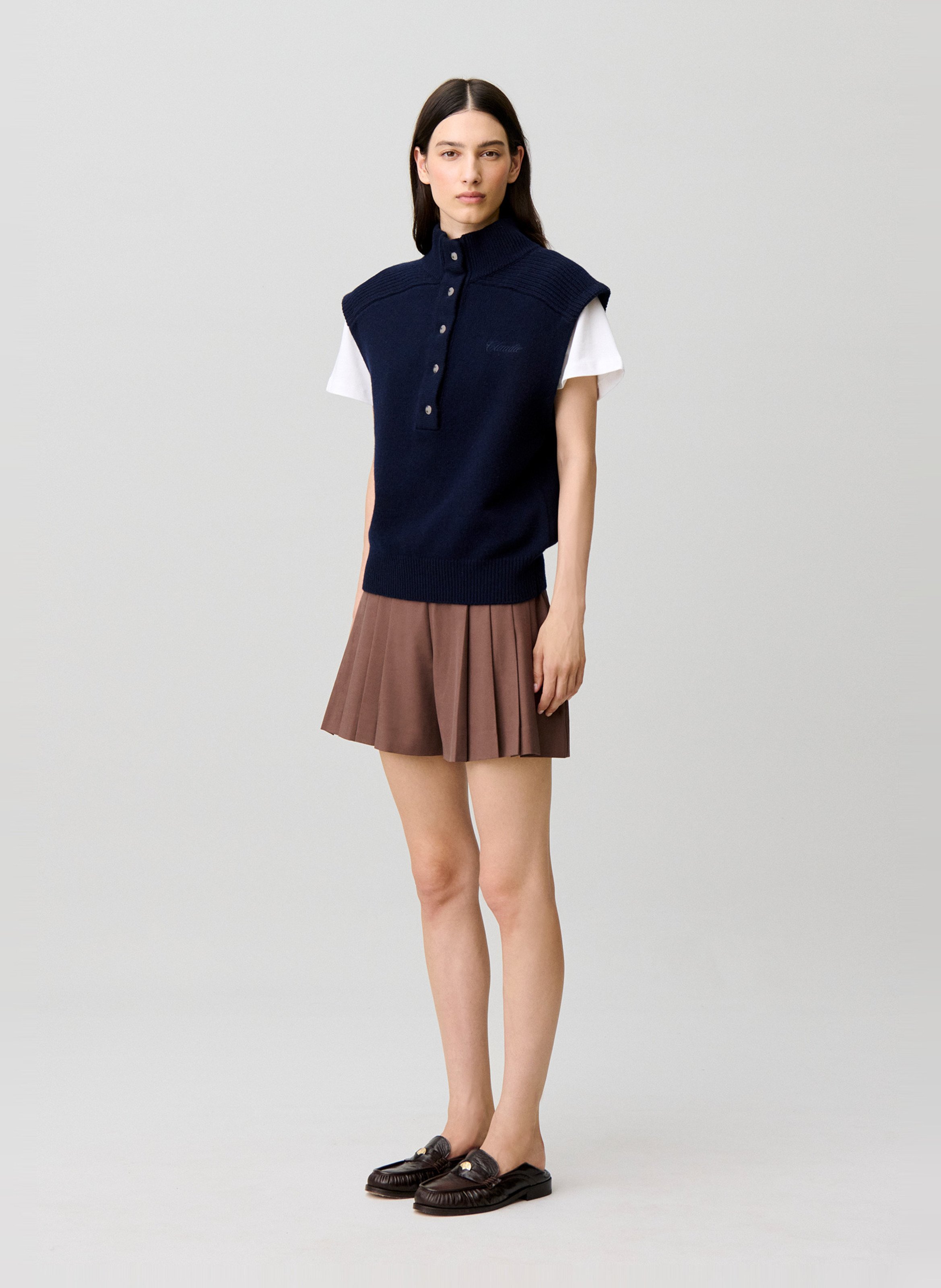 Pull cintré sans manches uni en laine CLAUDIE PIERLOT Bleu