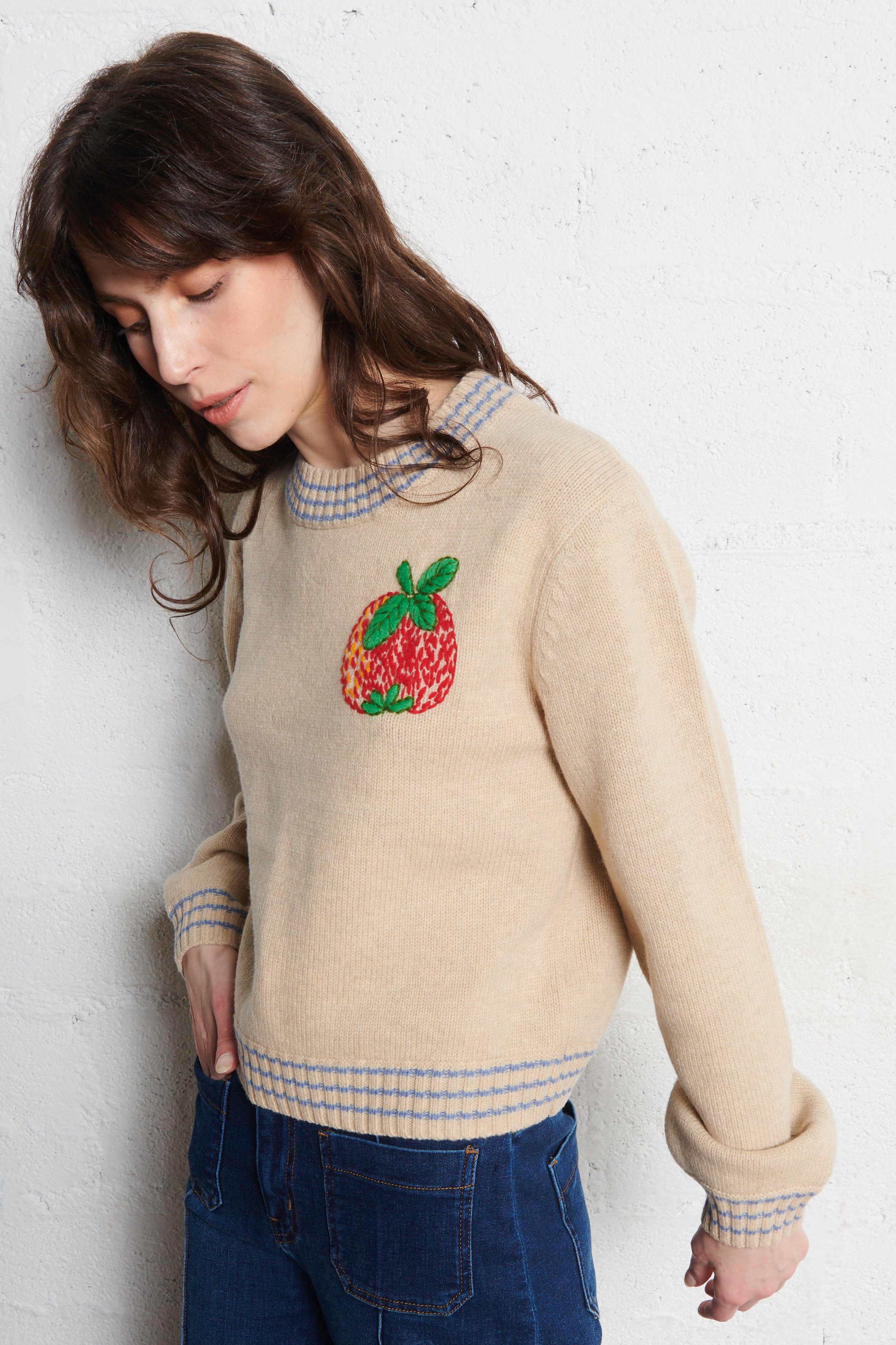 Effen trui van wolmix met lange mouwen en kant STELLA NOVA Beige