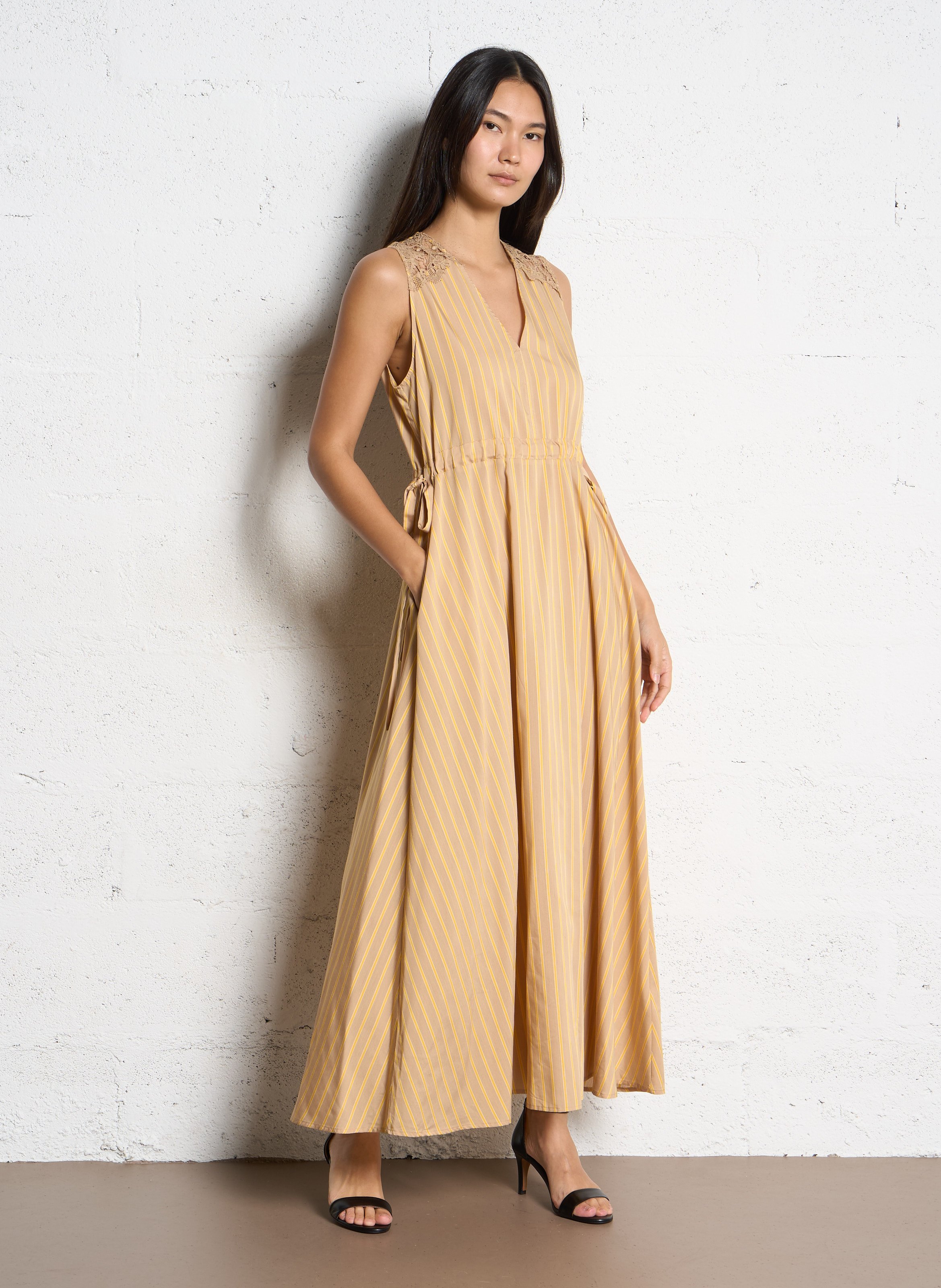Sleeveless Striped Maxi Dress SUNCOO Beige
