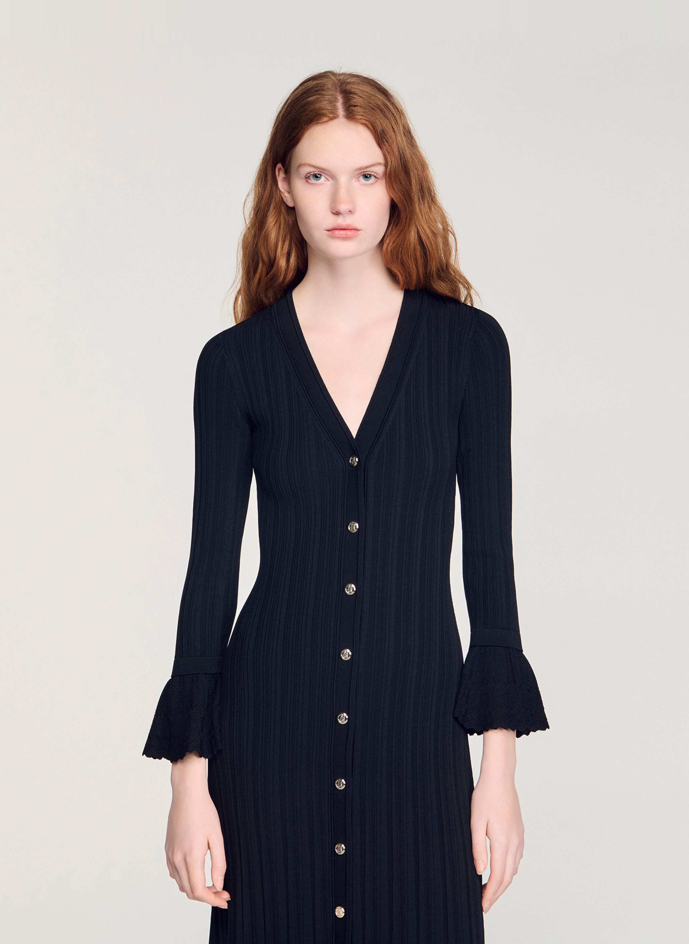 Robe longue ajustée à volants SANDRO Noir