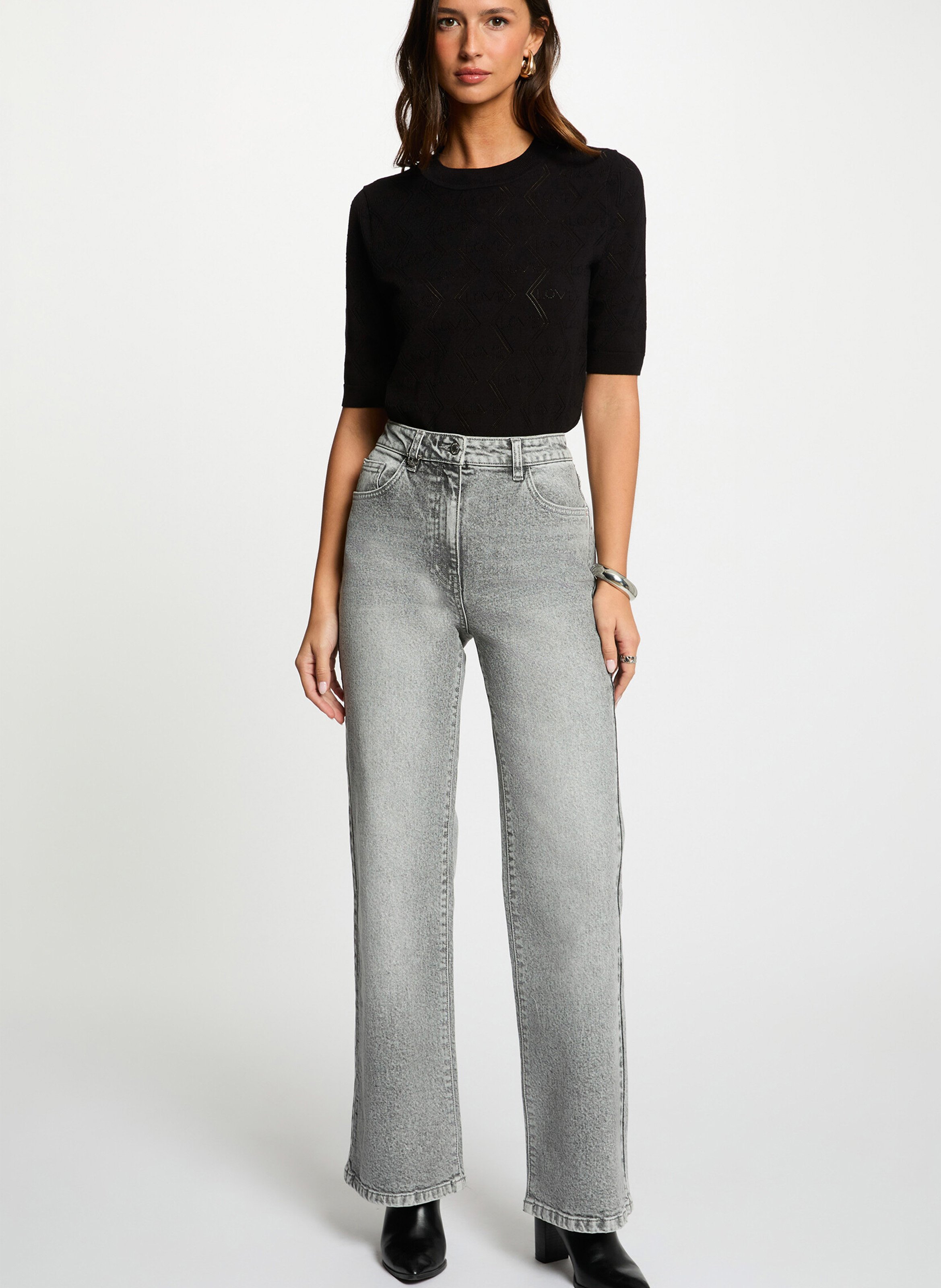 Pull droit col rond à détails ajourés Noir