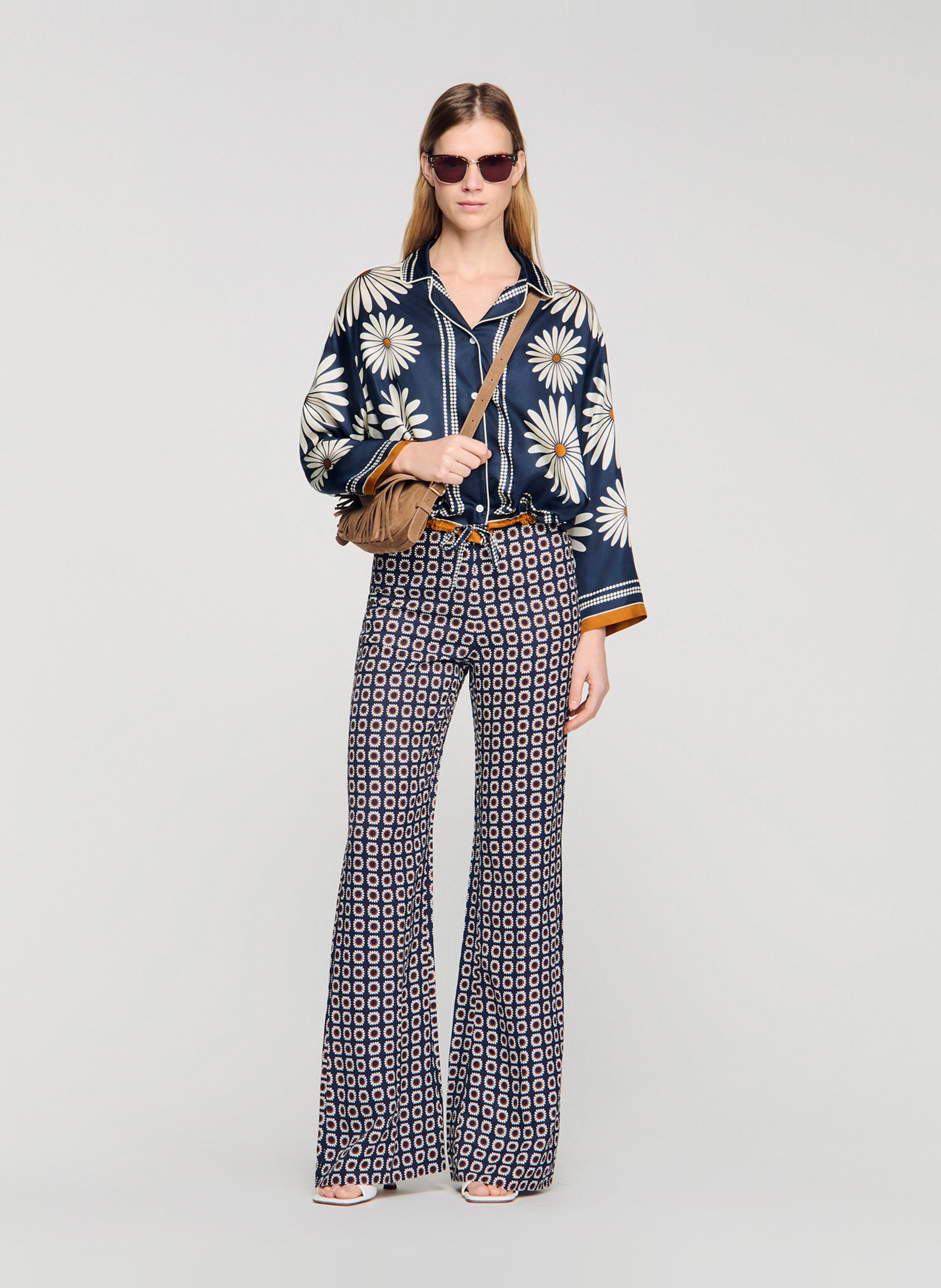 Oversized silk shirt with tailored collar in printed silk SANDRO Blue