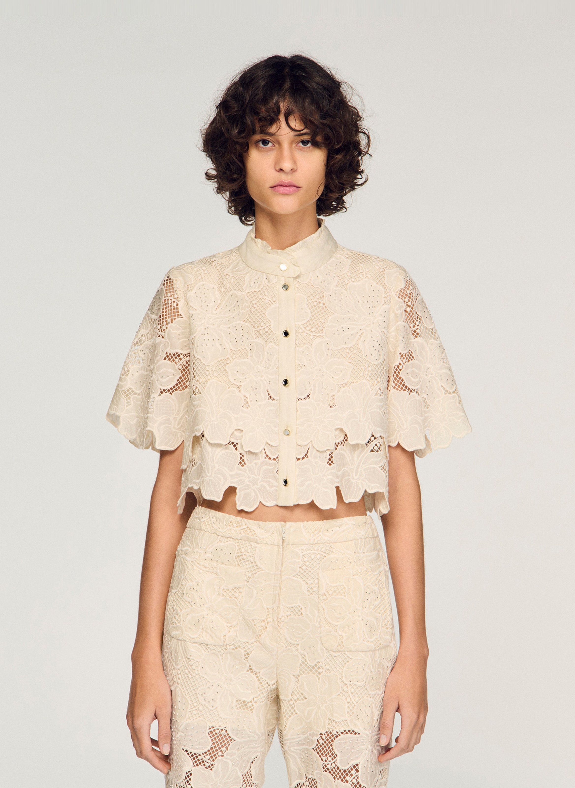 Chemise droite col classique en dentelle SANDRO Beige