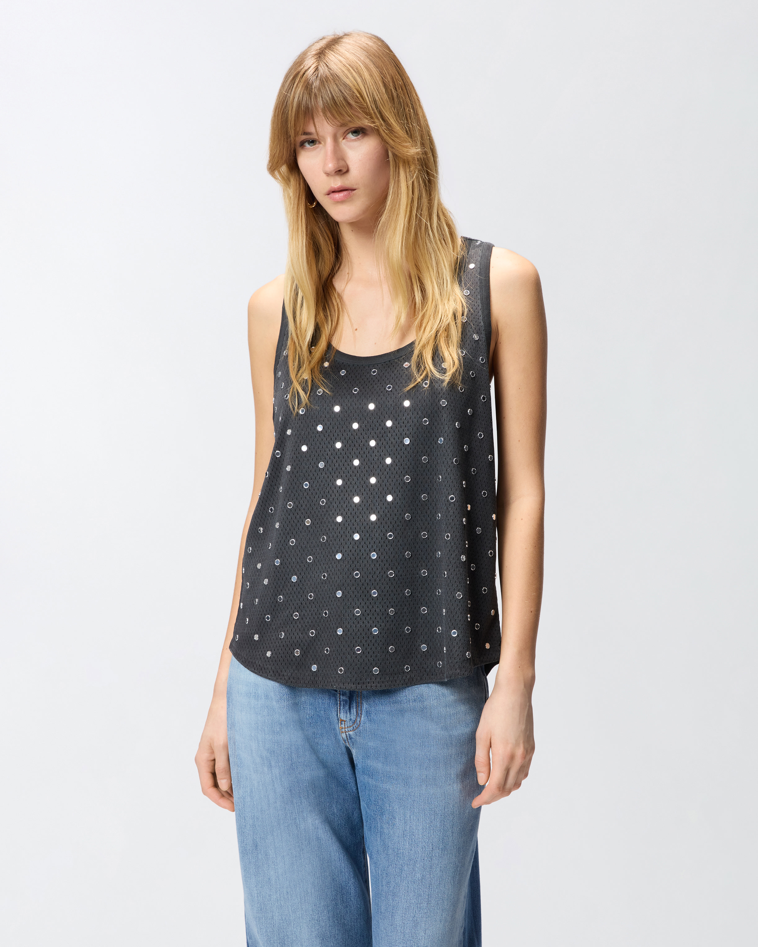 Mesh tank top with mirror sequins Grey