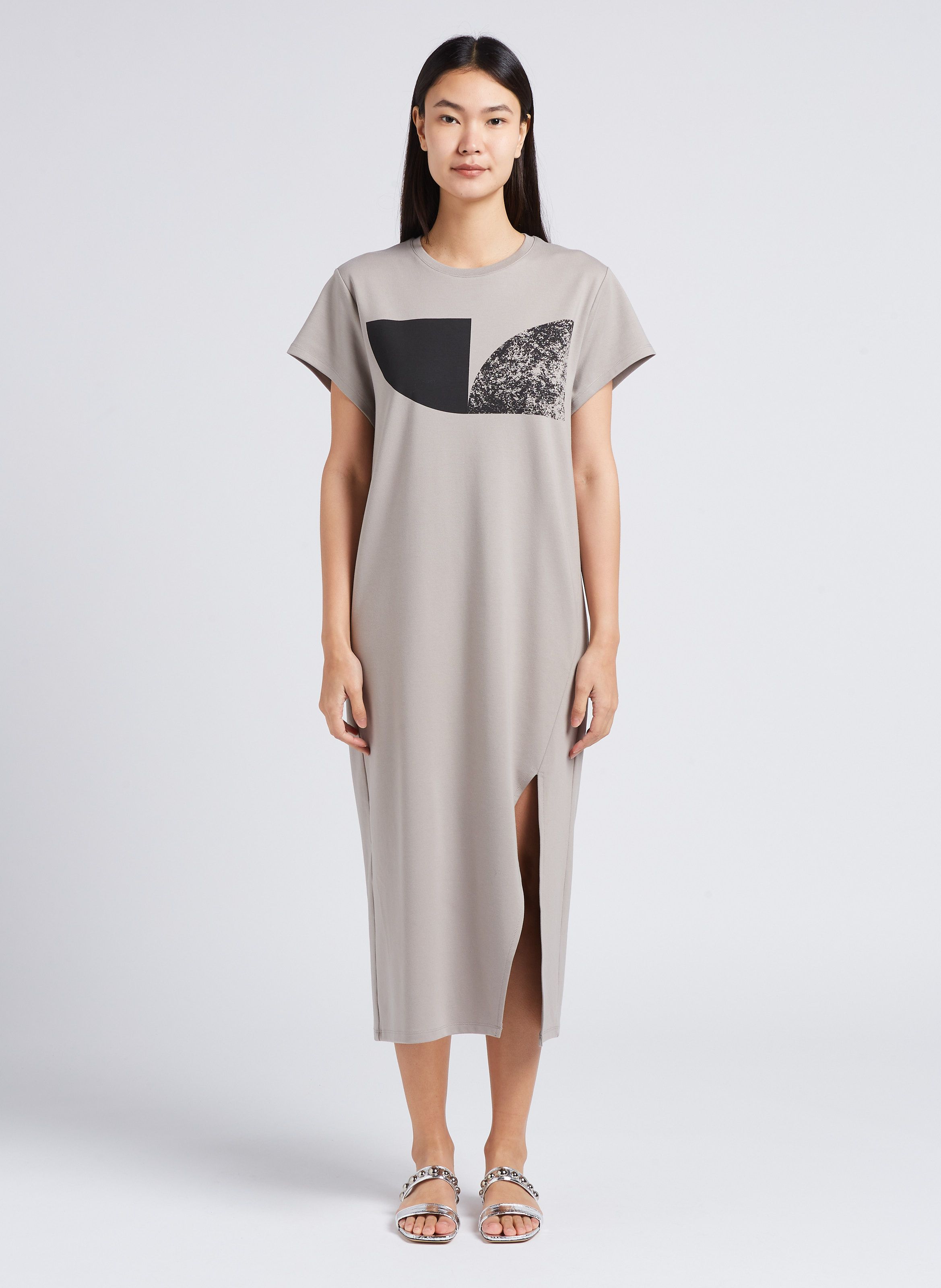 Grey Long straight cotton blend round neck dress