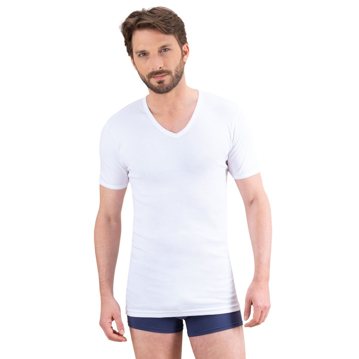 Men's short-sleeved V-neck t-shirt, premium pure cotton, made in France by Eminence. EMINENCE White