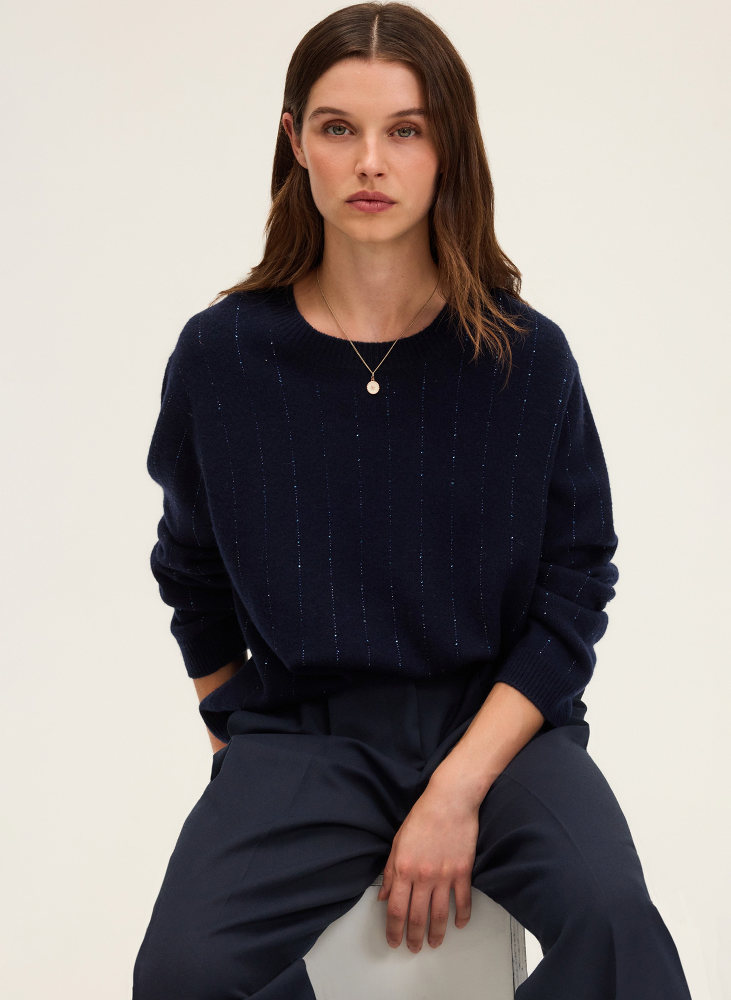 Pull col rond en laine  PABLO Bleu