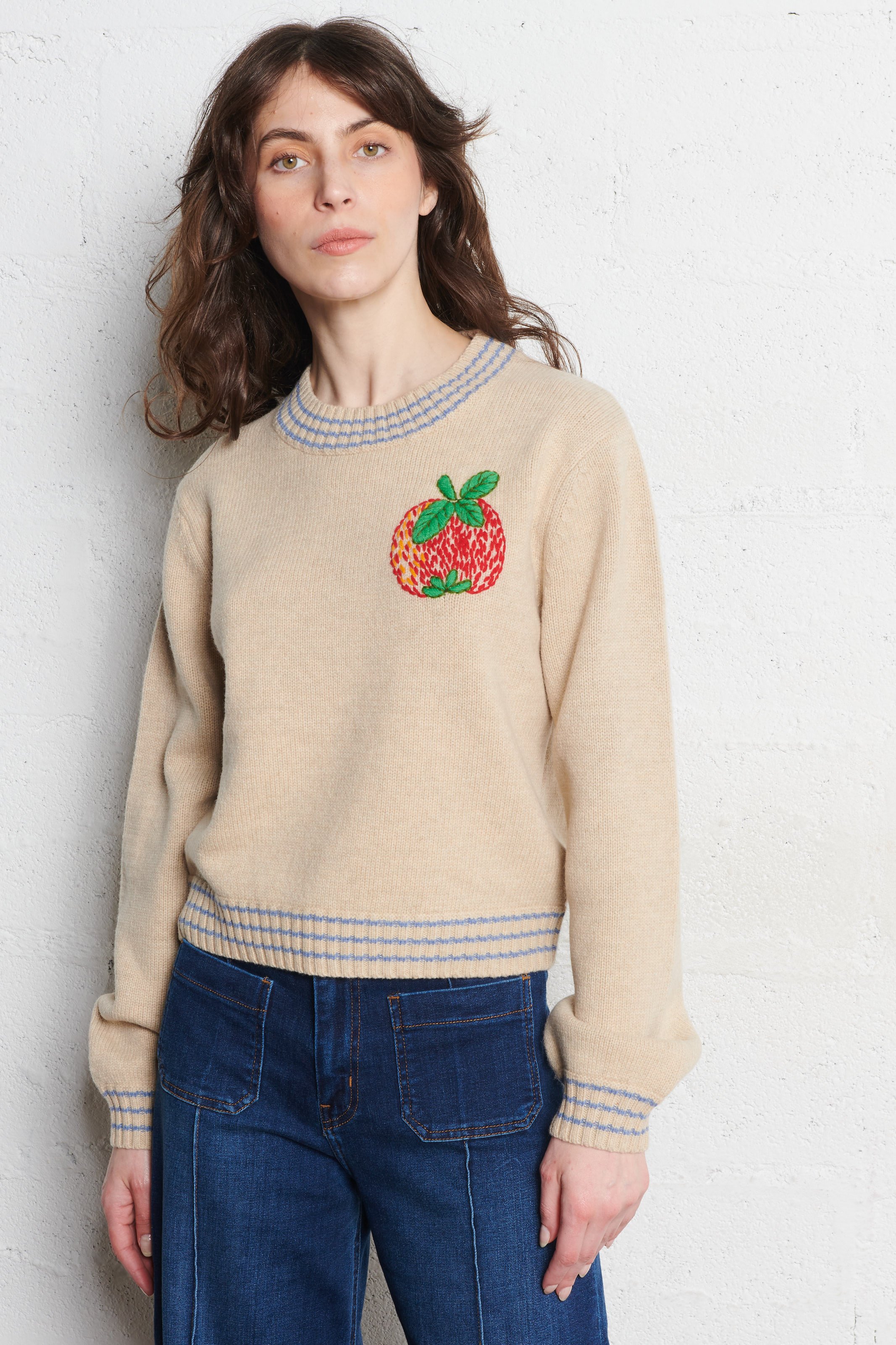 Effen trui van wolmix met lange mouwen en kant STELLA NOVA Beige