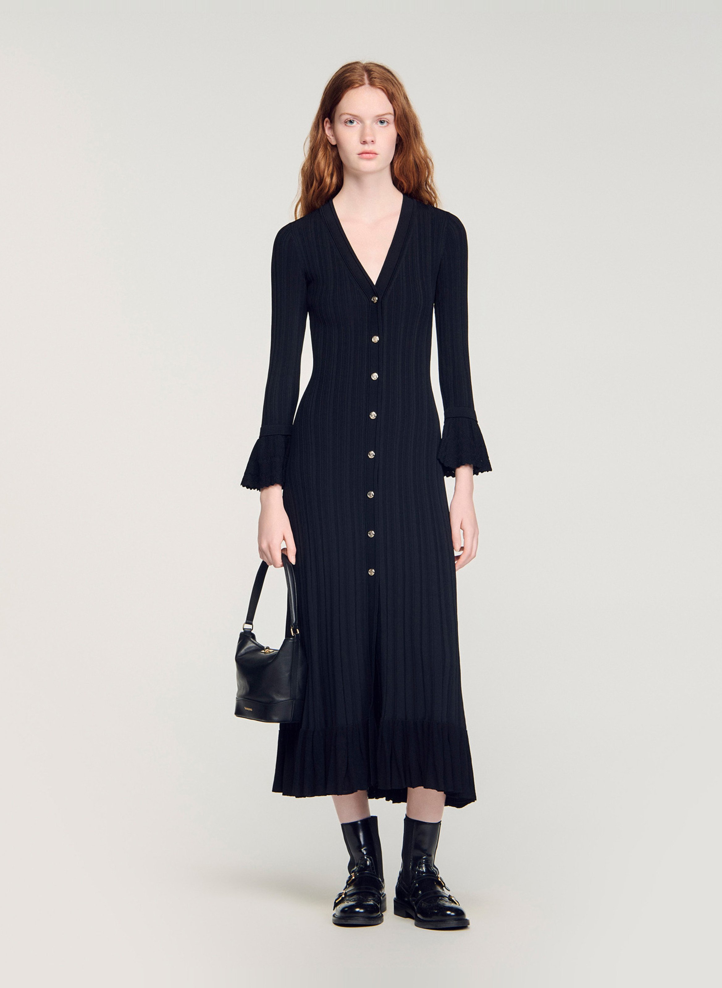Robe longue ajustée à volants SANDRO Noir