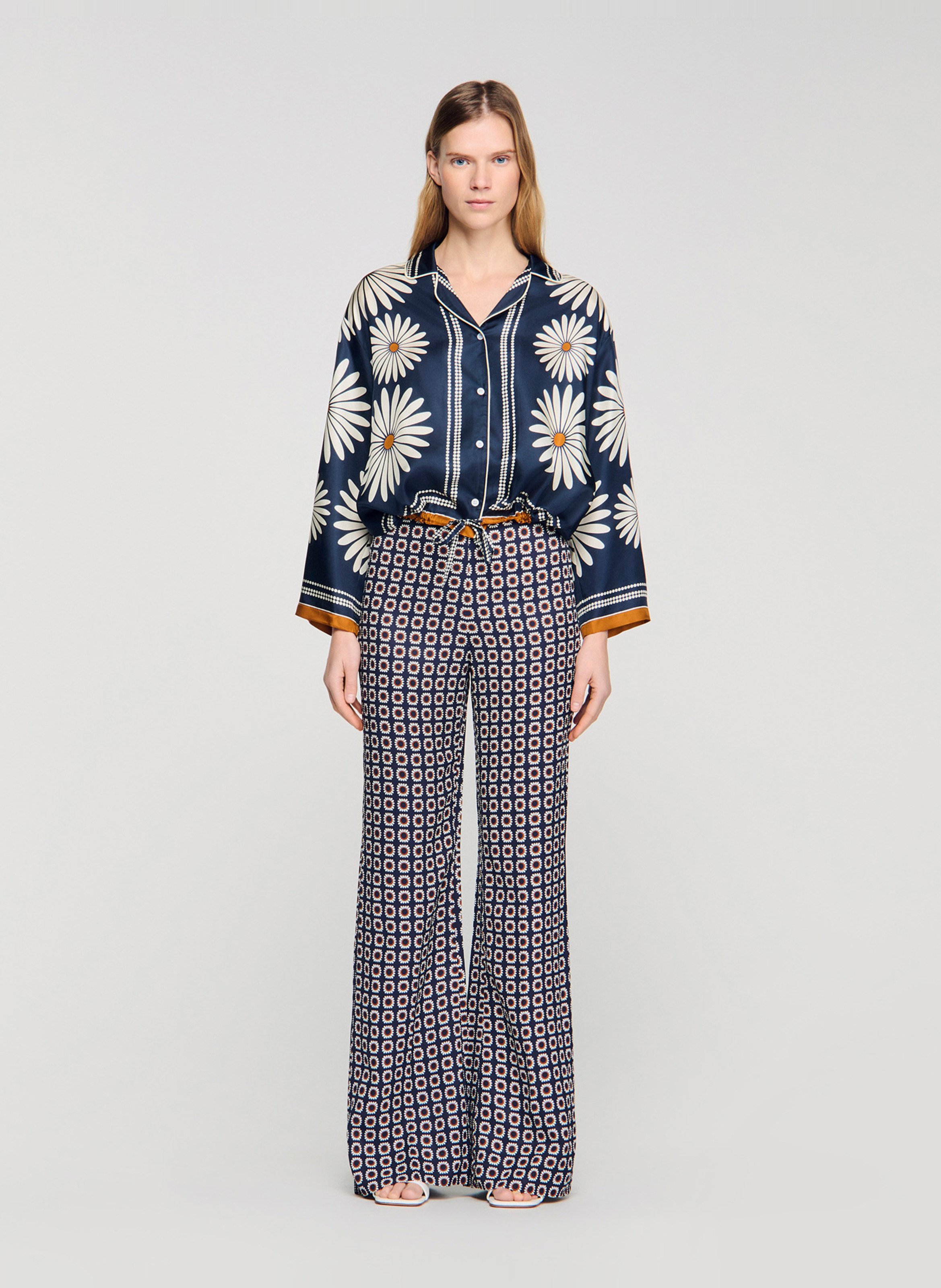 Oversized silk shirt with tailored collar in printed silk SANDRO Blue