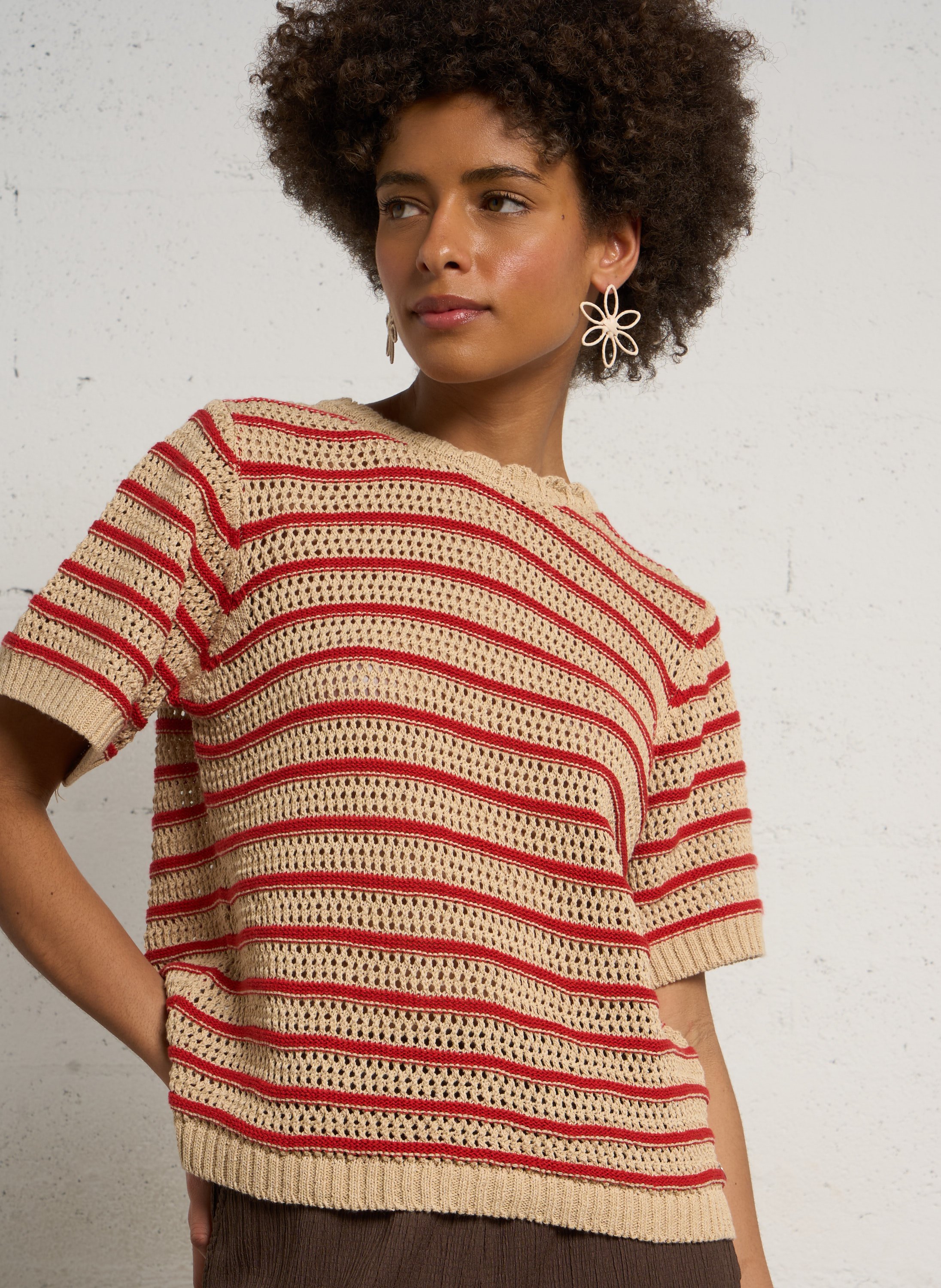 Kurzarm-Pullover mit gestreiftem Strick PLEASE Beige