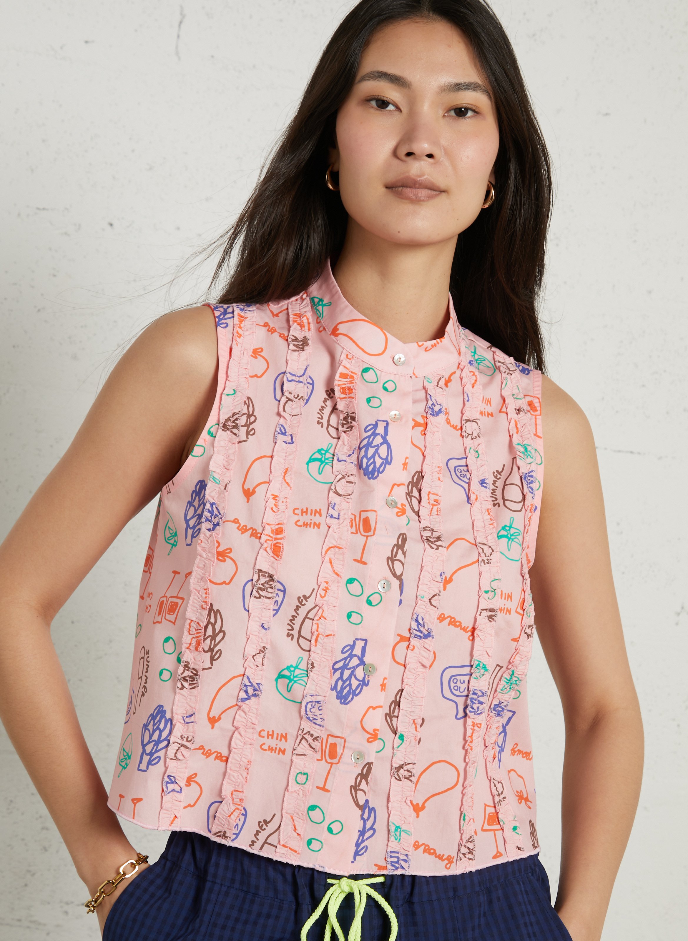 Straight-cut printed cotton shirt with round neck DR BLOOM Pink