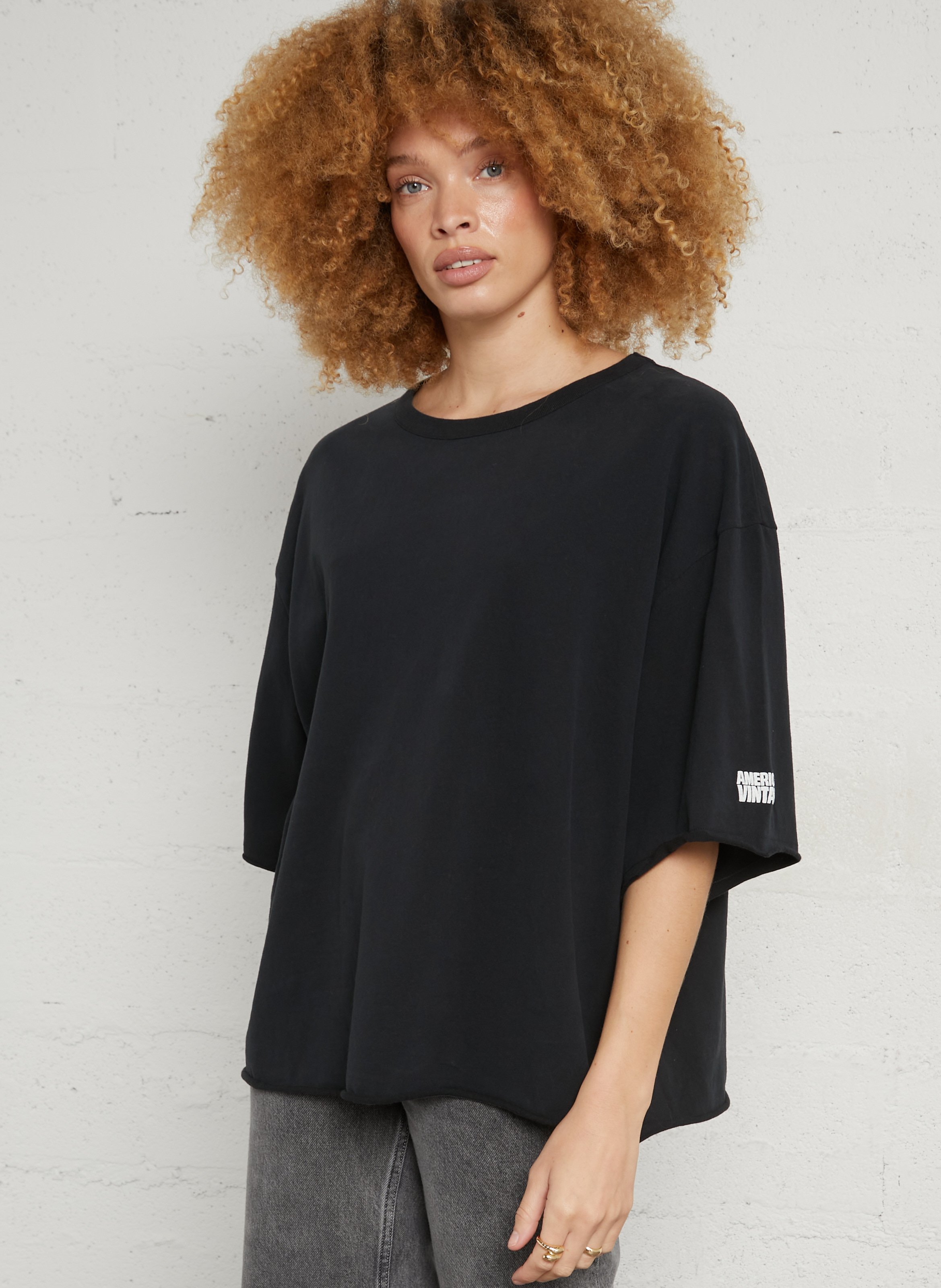 Tee-shirt fluide col rond en coton uni AMERICAN VINTAGE Noir