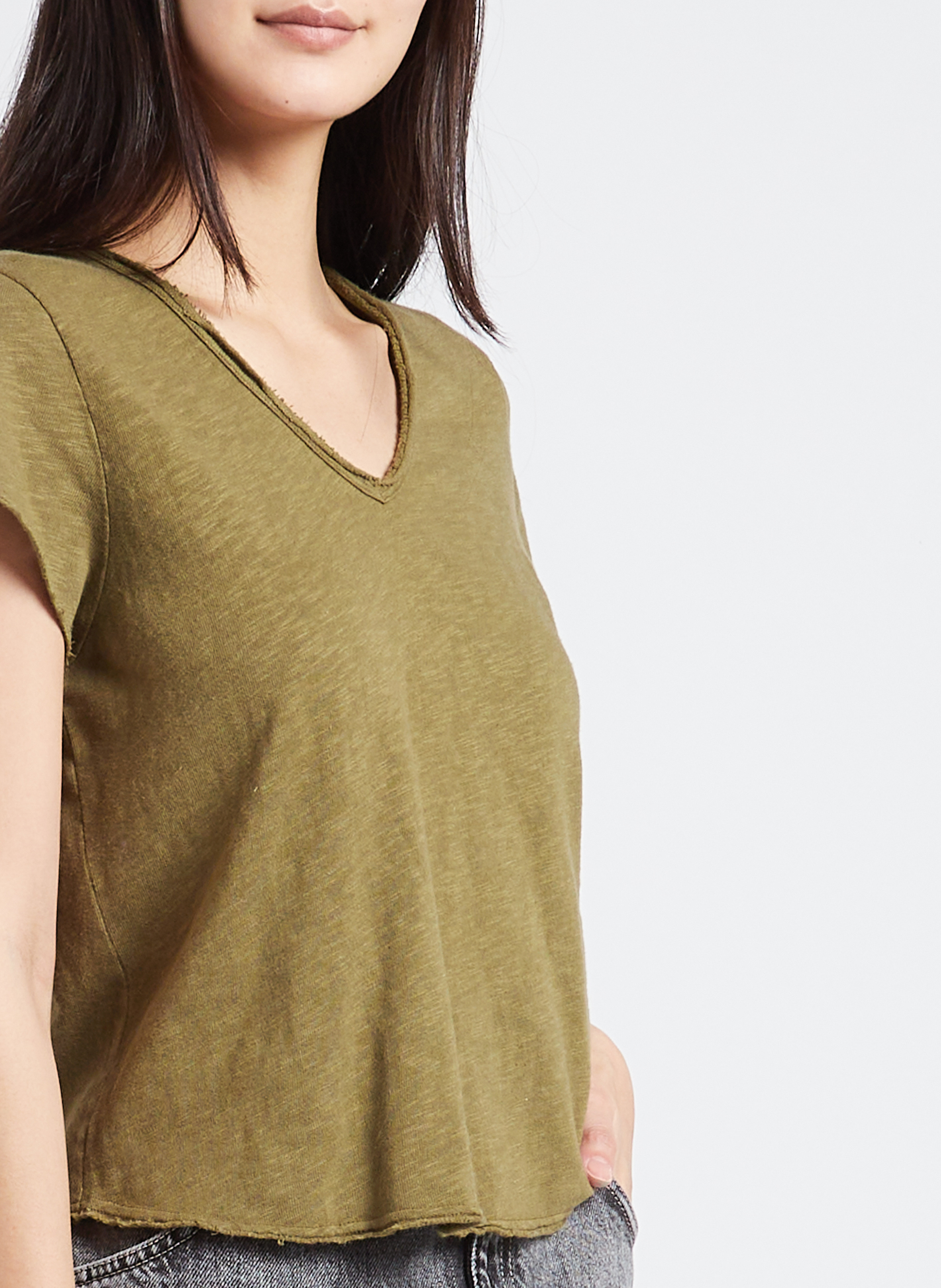 Gerade geschnittenes Baumwoll-T-Shirt mit ungesäumten Schnittkanten AMERICAN VINTAGE Khaki