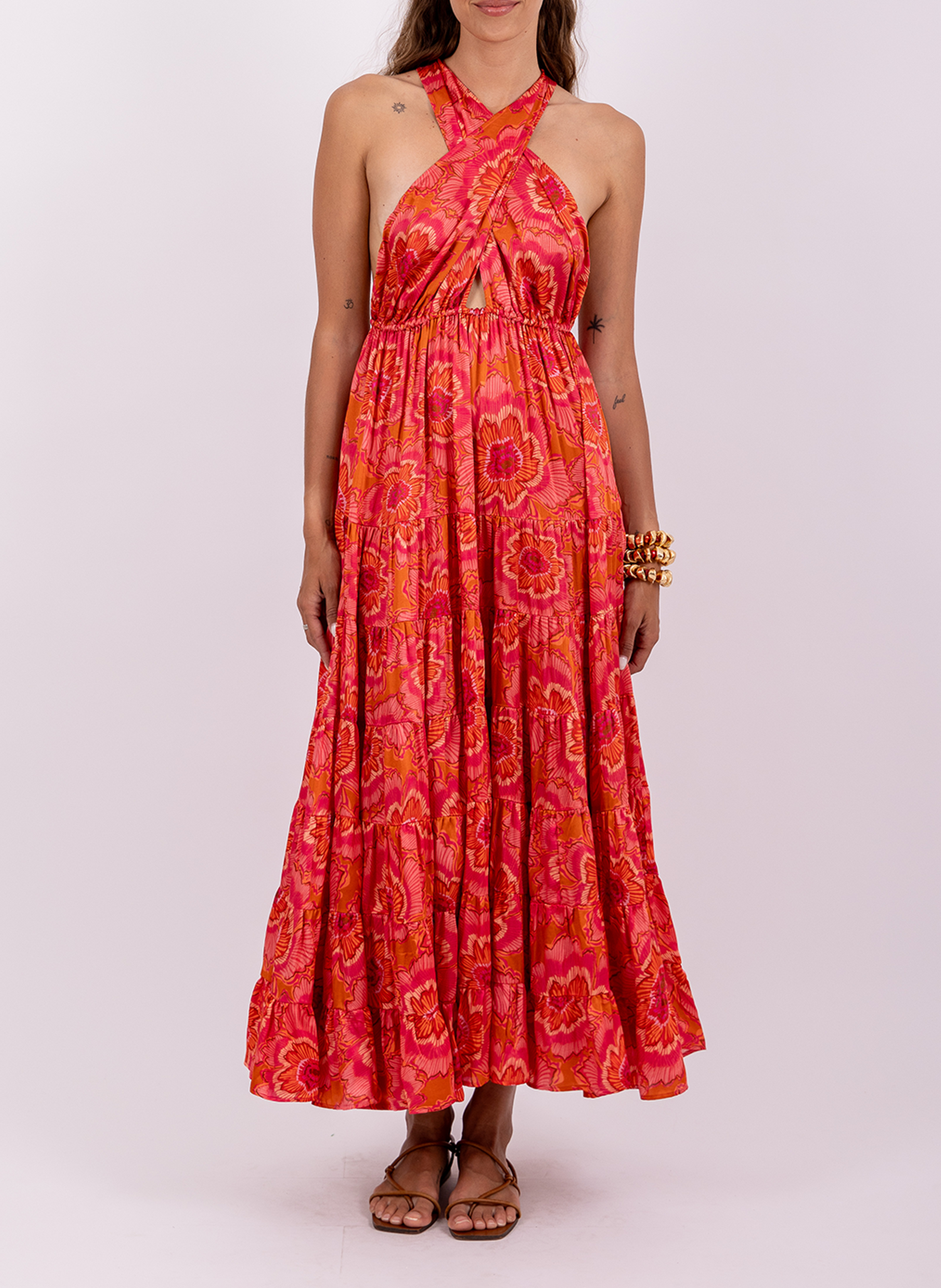 Flowy long dress with crossed patterns SUNDRESS Pink
