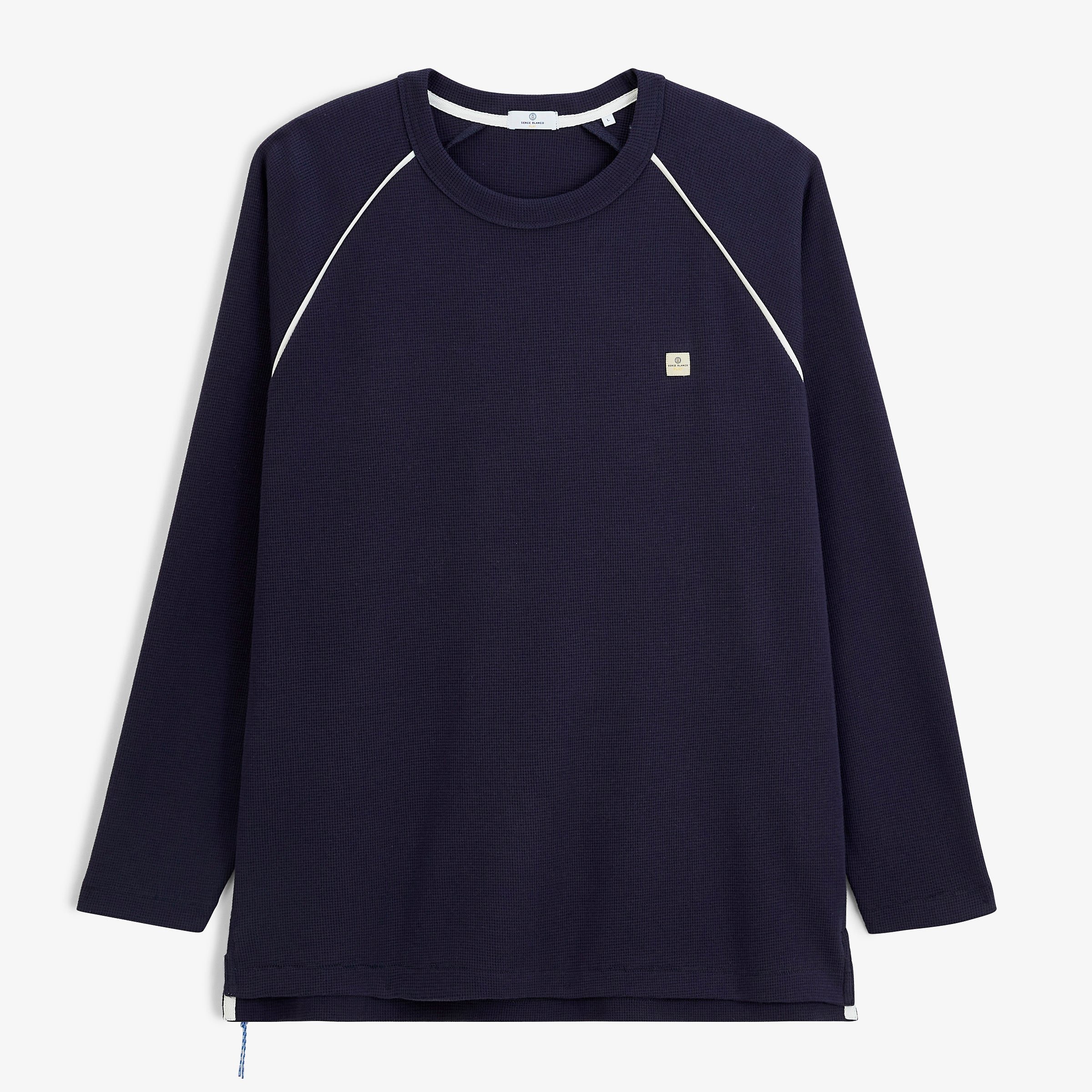 Long-sleeved round neck waffled cotton T-shirt in navy blue sbplay SERGE BLANCO Blue