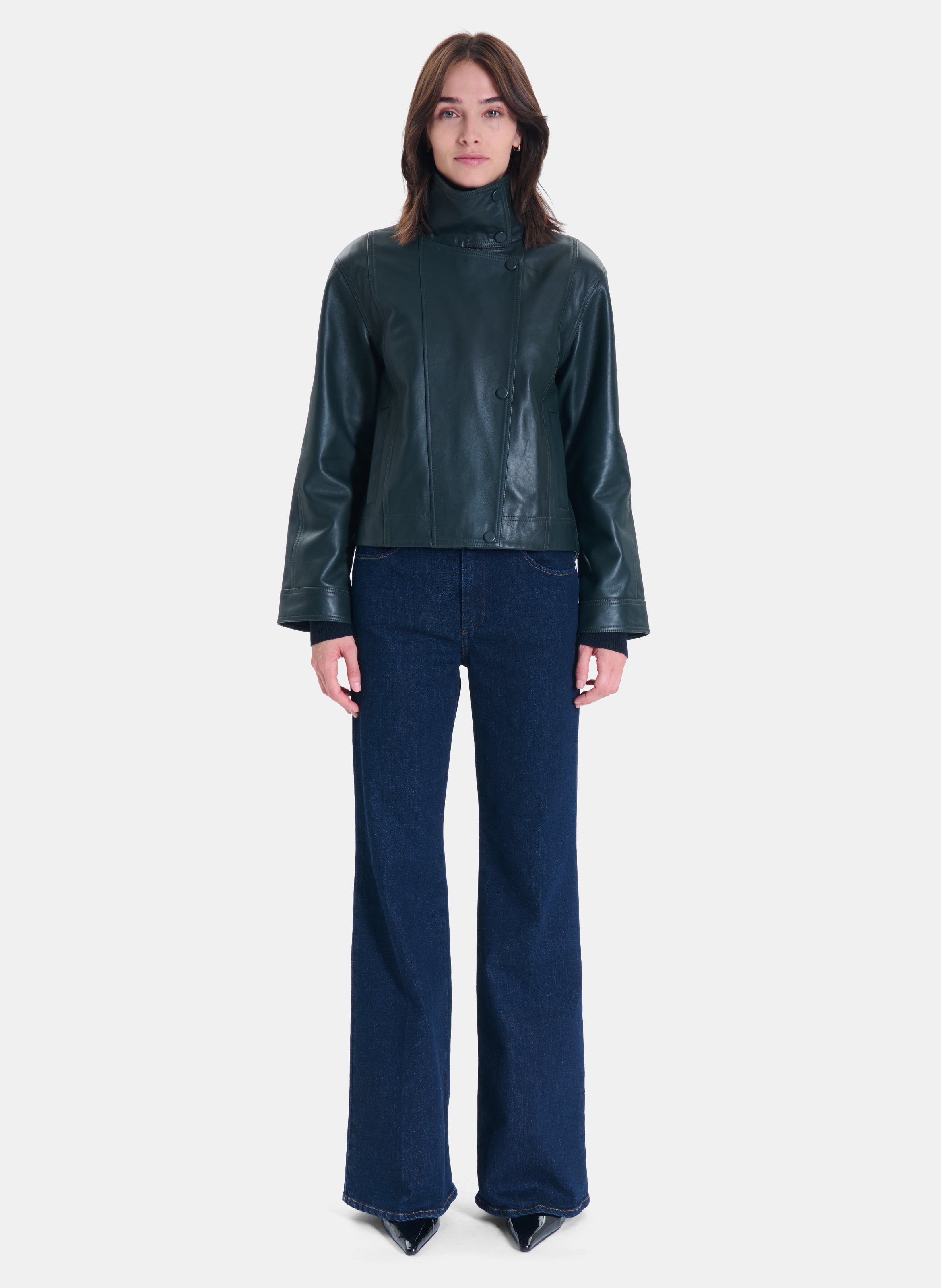 Veste droite col montant en cuir ZAPA Vert