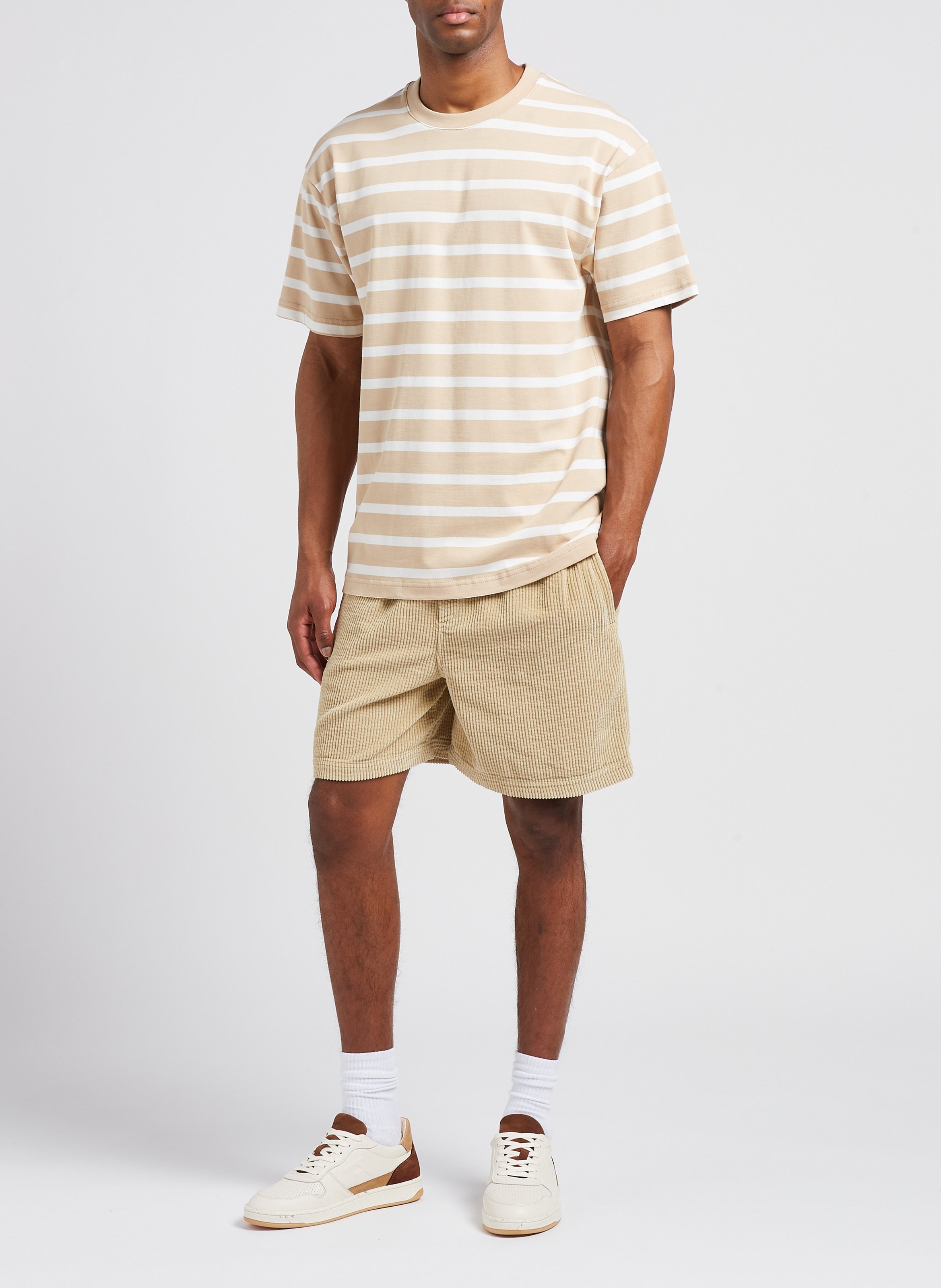 Regular-fit striped organic cotton T-shirt with round neck MINIMUM Beige