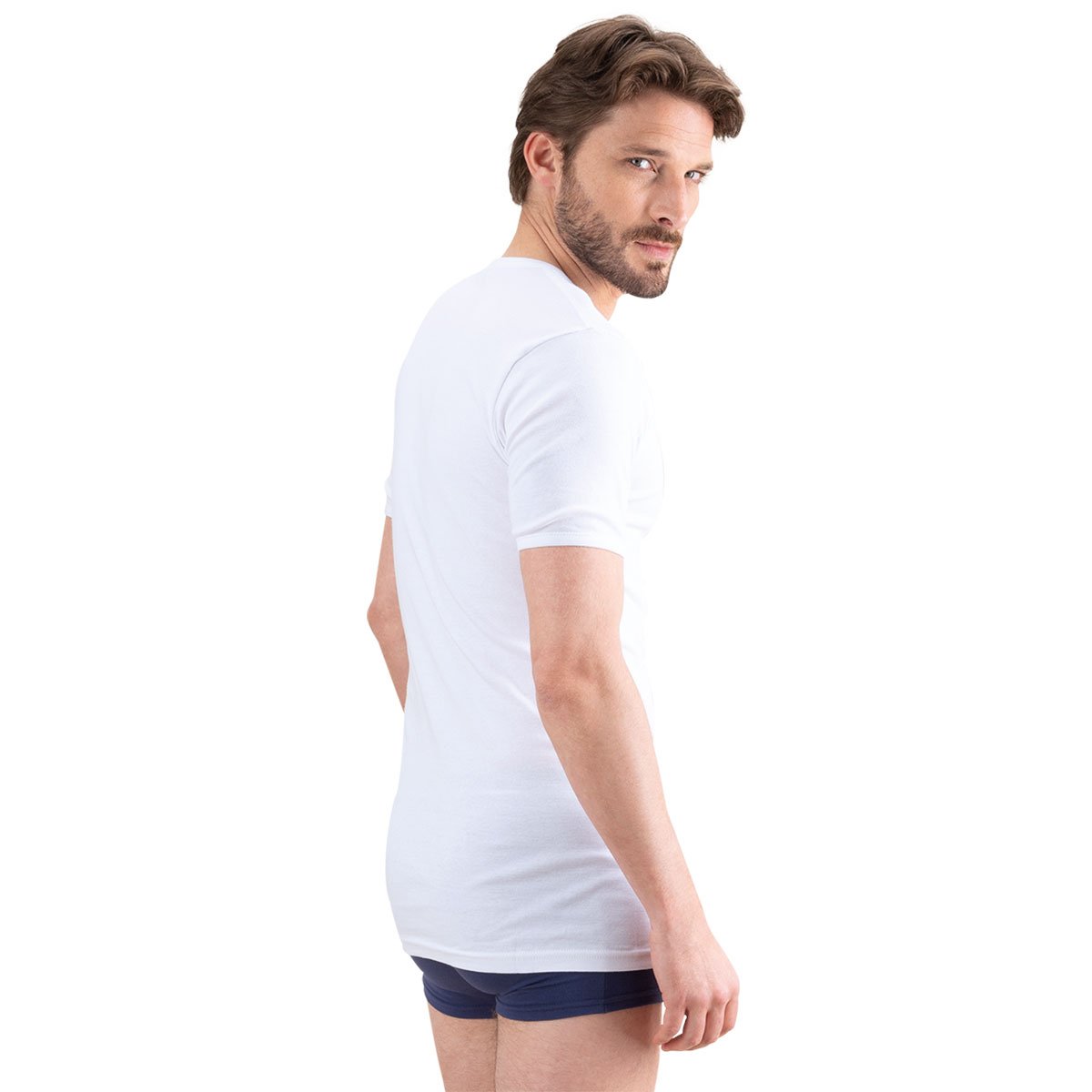 Men's short-sleeved V-neck t-shirt, premium pure cotton, made in France by Eminence. EMINENCE White